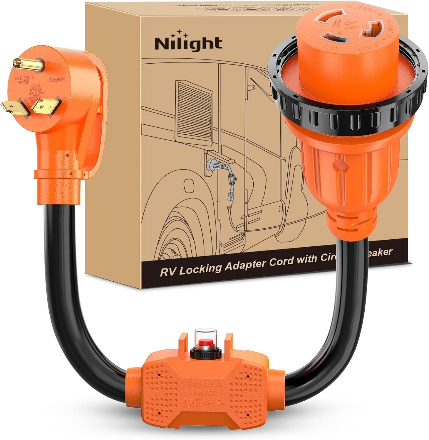 Nilight RV Locking Adapter Cord with Circuit Breaker Overload Protector 30 Amp to 30Amp Plug 110V Electrical 10 Gauge Wire ETL Listed TT-30P to L5-30R 30M/30F Weatherproof for RV Camper Caravan Van