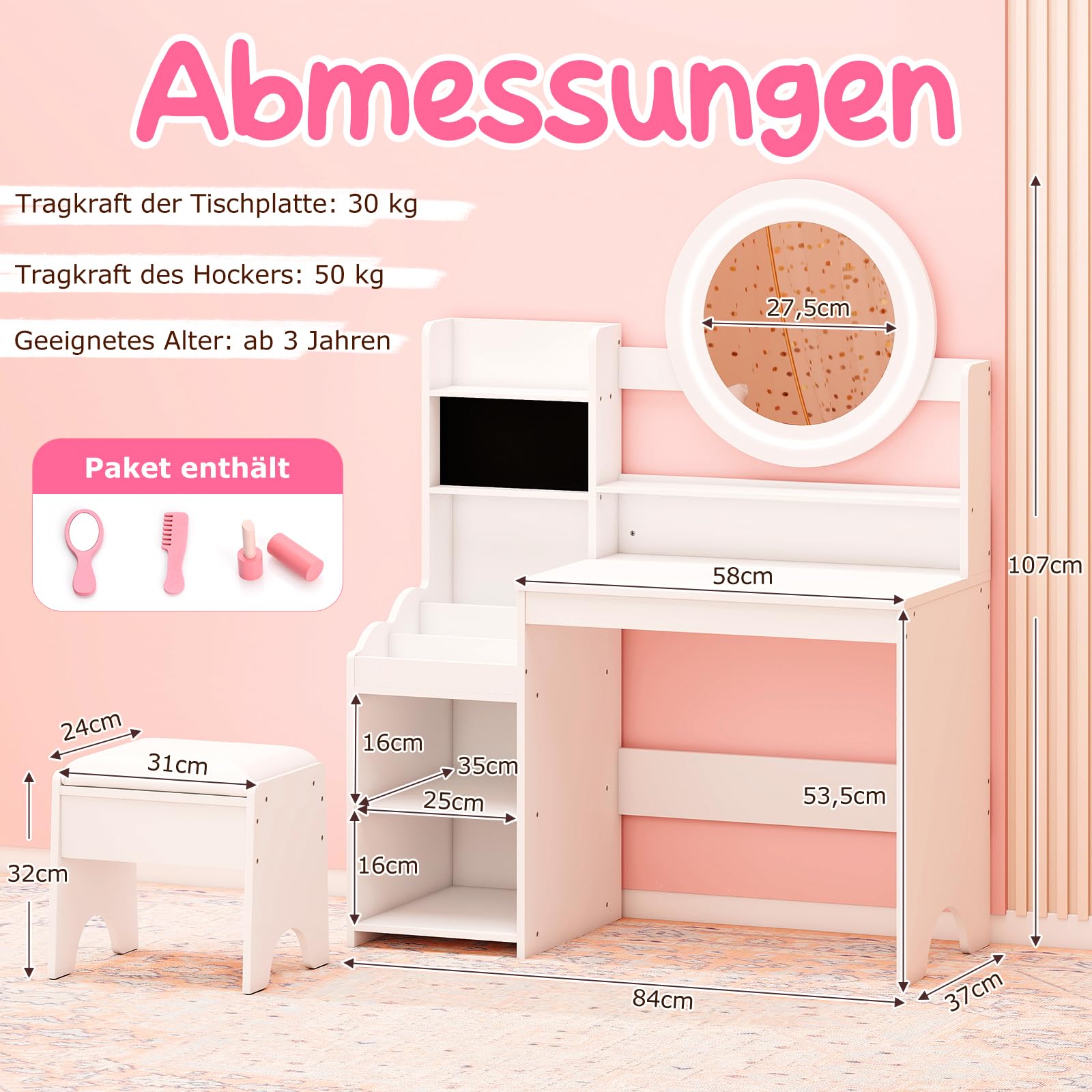 DREAMADE Kinderschminktisch mit LED-Spiegel & gepolstertem Hocker, Frisiertisch aus Holz mit Ringschlitzen, Regal & offenen Fächern, Prinzessin Kosmetiktisch für Mädchen ab 3 Jahren (Weiß)