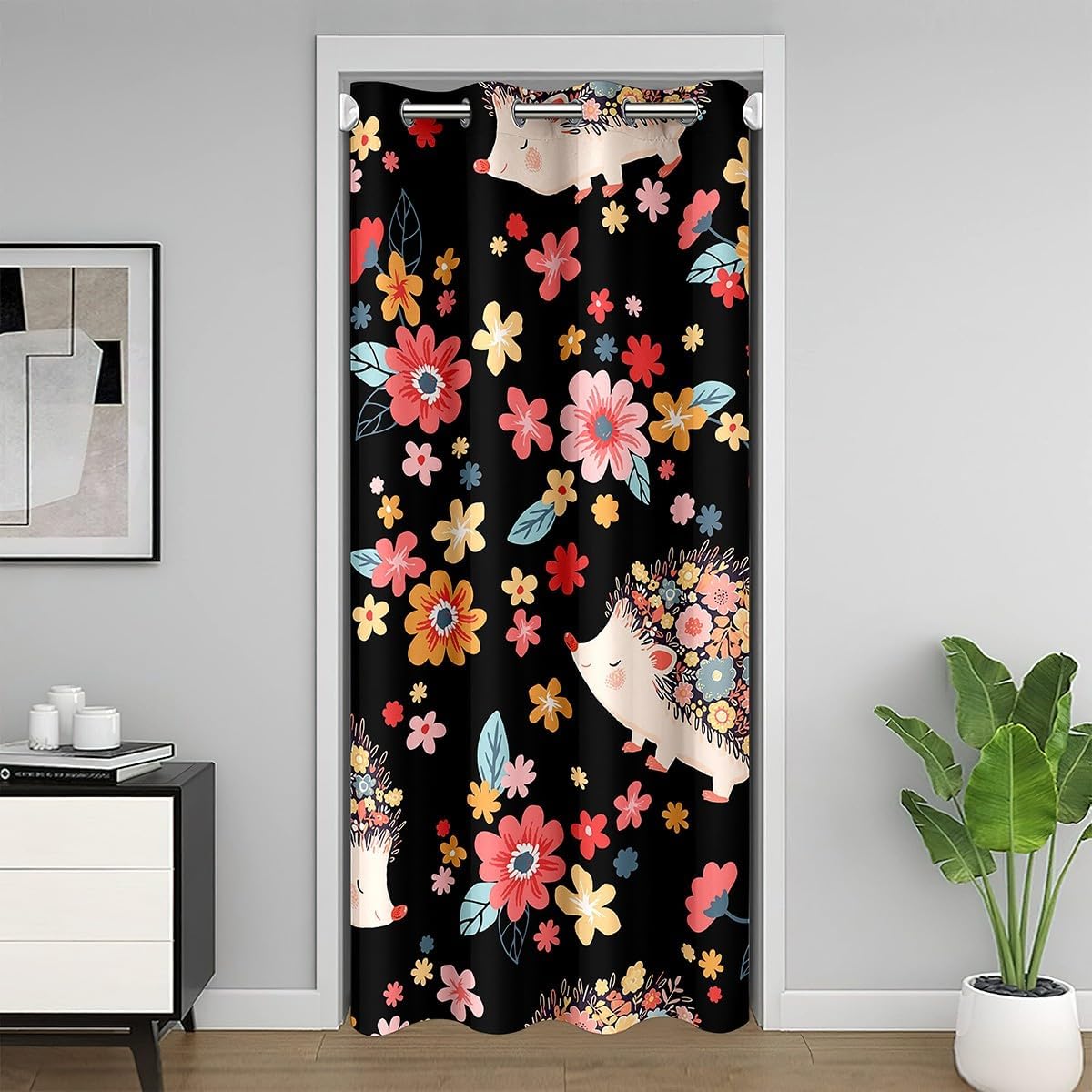 Cartoon Hedgehog Door Curtain for Doorways Privacy Colorful Cute Flowers Doorway Curtain Wild Jungle Animal All Season Blackout Curtain Lovely Hedgehog Door Drape, 60" W X 80" L