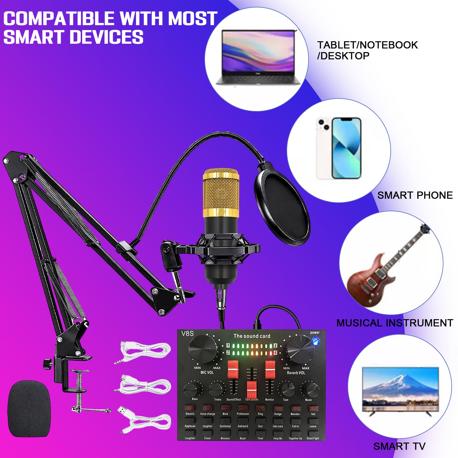 Tarjeta de sonido en vivo, tarjeta de efectos de sonido V8S con 16 efectos de mezclador DJ, 16 efectos de sonido en vivo, 8 modos divertidos, placa de sonido externa USB de audio karaoke portátil,
