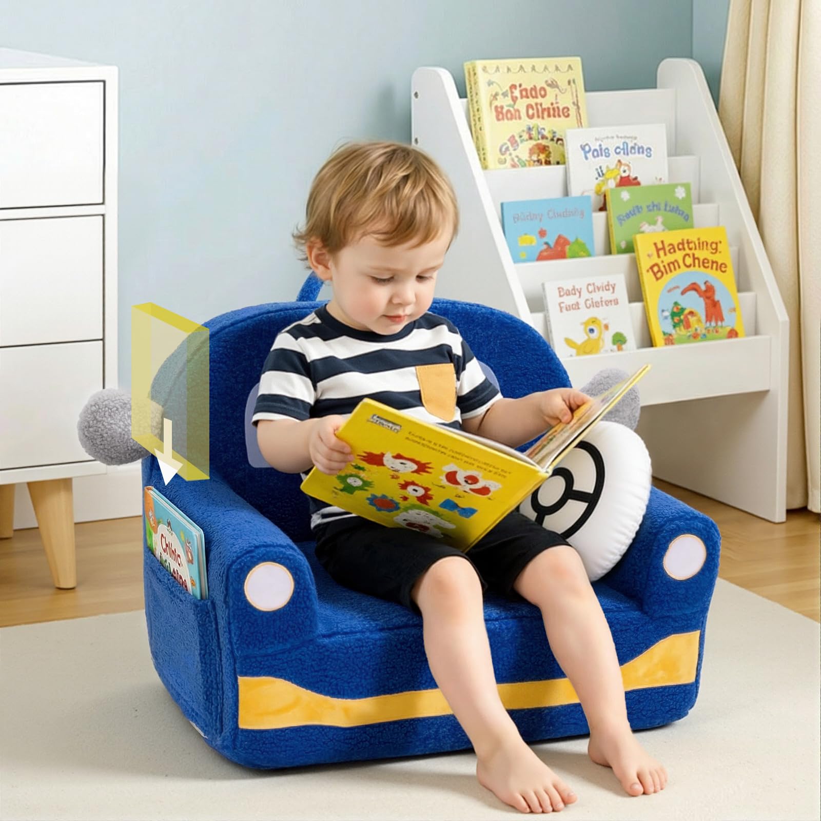 OUOZZZ Divanetto bambini 1-3 anni, poltrona poltroncina per bambini in sherpa morbido con cuscino, mini divano per cameretta， auto blu