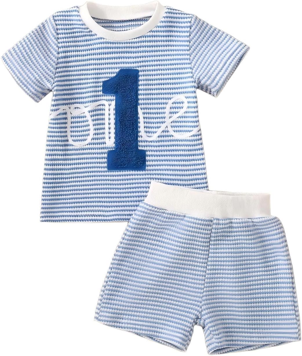 Baby Boys Girl 1st Birthday Outfit Waffle Knit One Embroidery Short Sleeve Top + Shorts Set Summer Clothes for 6 12 18 Months