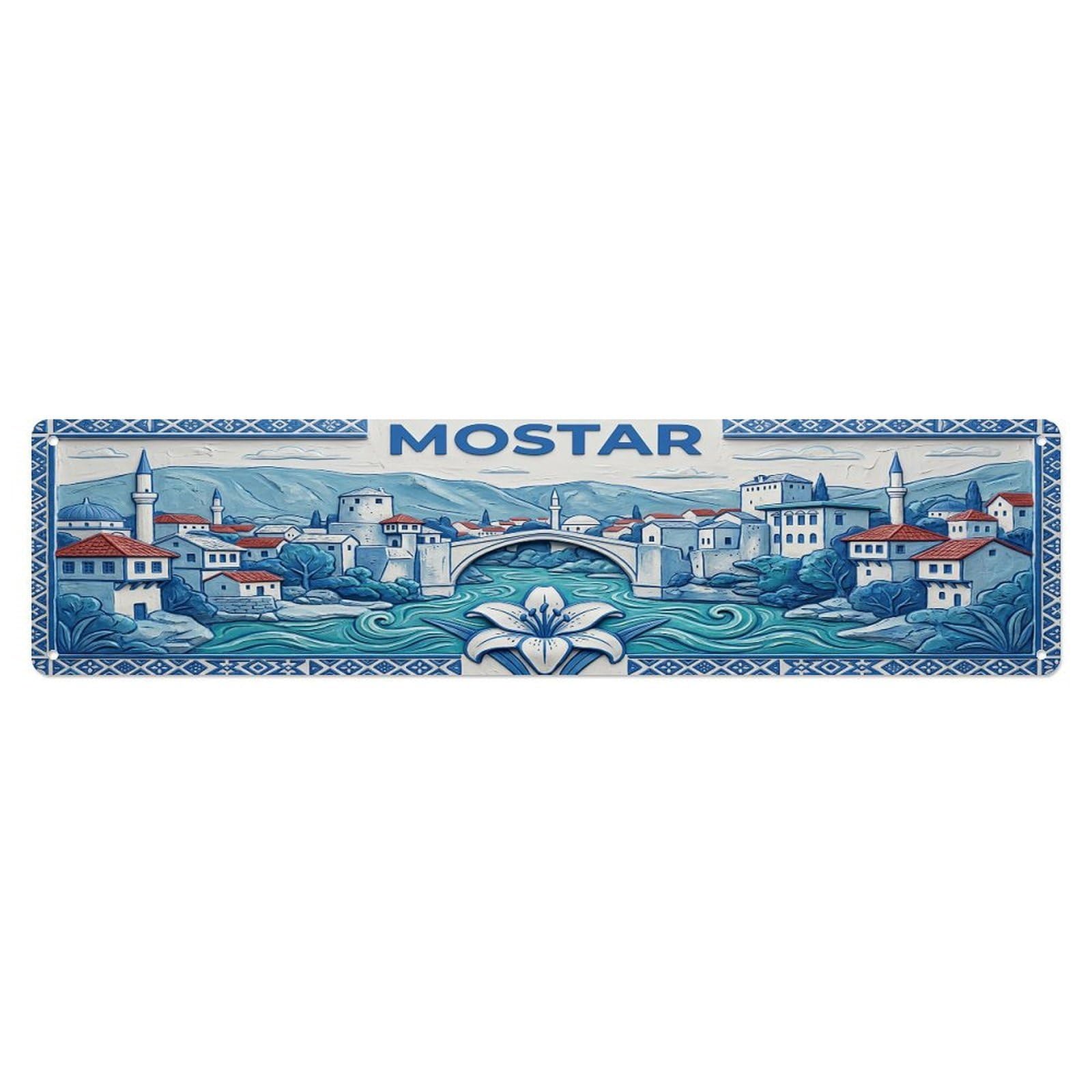Cwbufd Vintage Style Vintage Mostar Bosnia Flag Pattern Vintage Metal Tin Sign Plaque Wall Decor For Cafe, Club Bar, Office, Garden Metal Poster 4X16inch