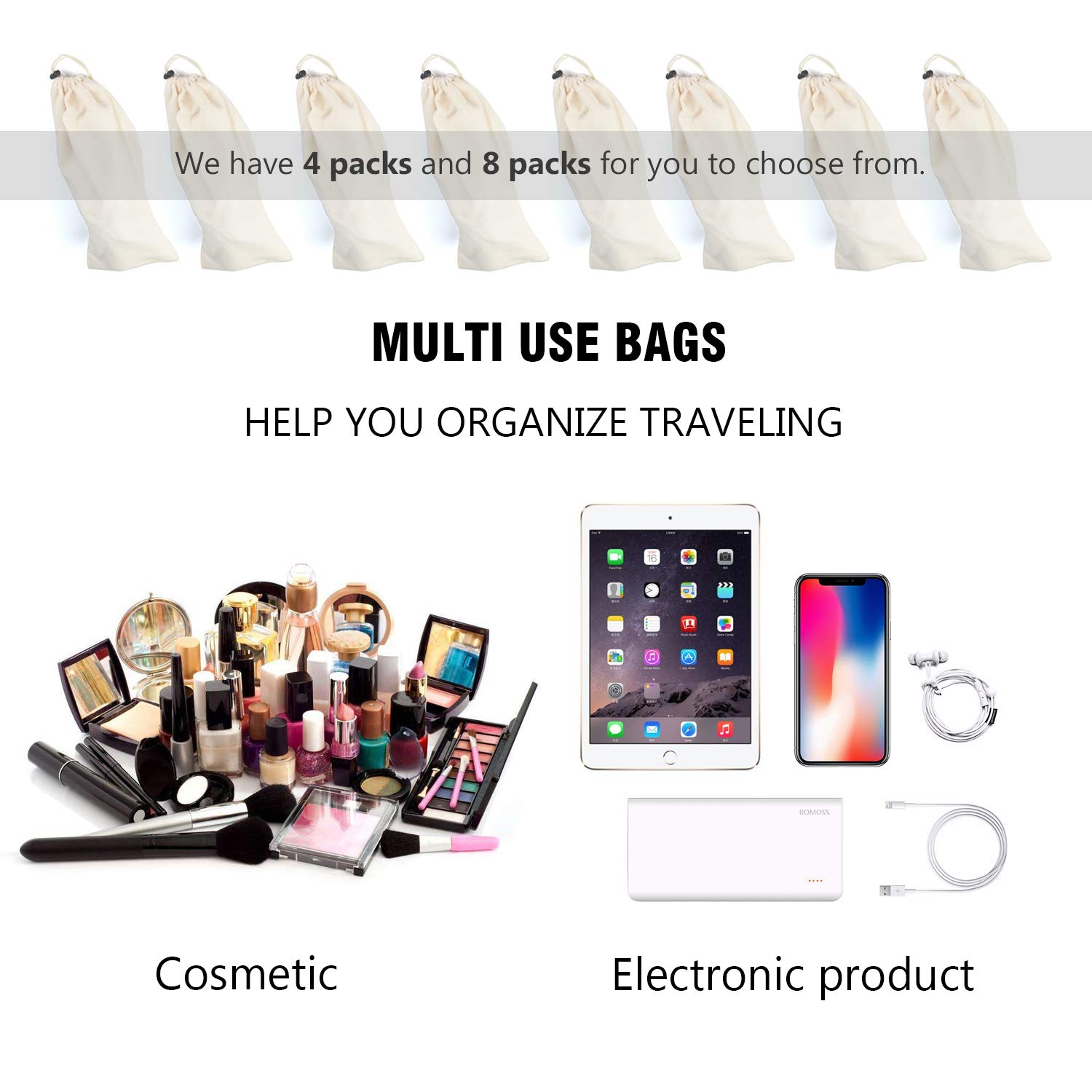 Bolsa para Guardar Zapatos 100% Algodón con Cordón, Juego de 4 Piezas para Viaje y Almacenamiento