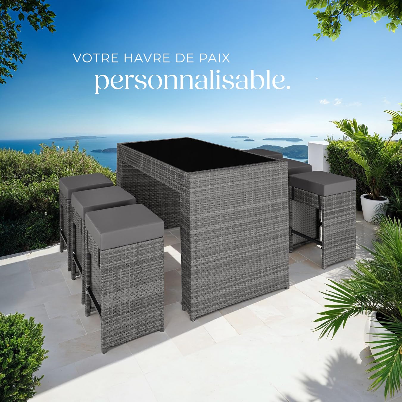 tectake® Ensemble de Bar Extérieur en Résine Tressée, Structure en Aluminium - Salon de Jardin 6 Places avec Table, 6 Chaises Encastrables et Coussins Inclus - Mobilier pour Amenagement Balcon