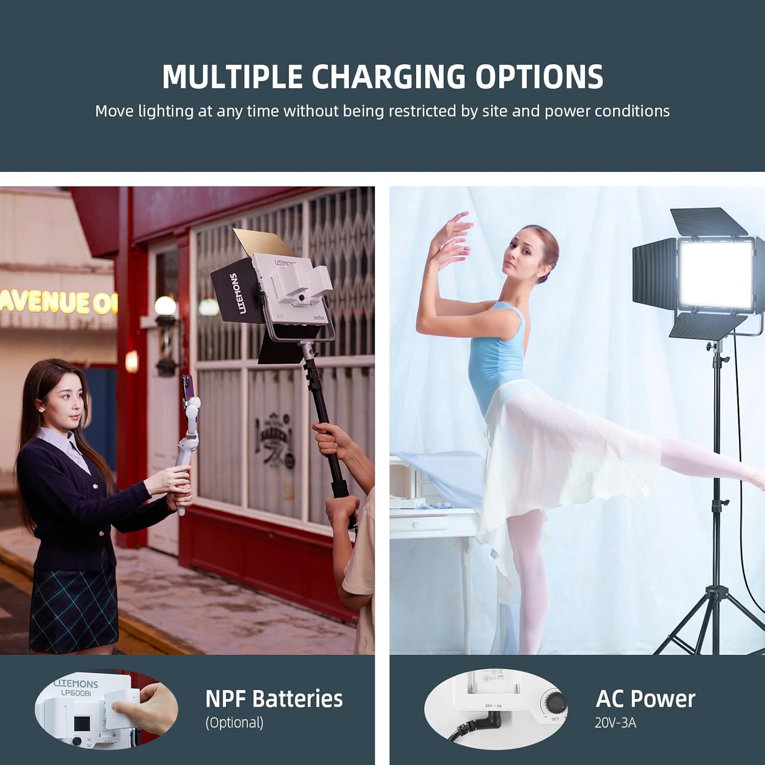 Godox LP600Bi showing NPF battery slots and AC power input