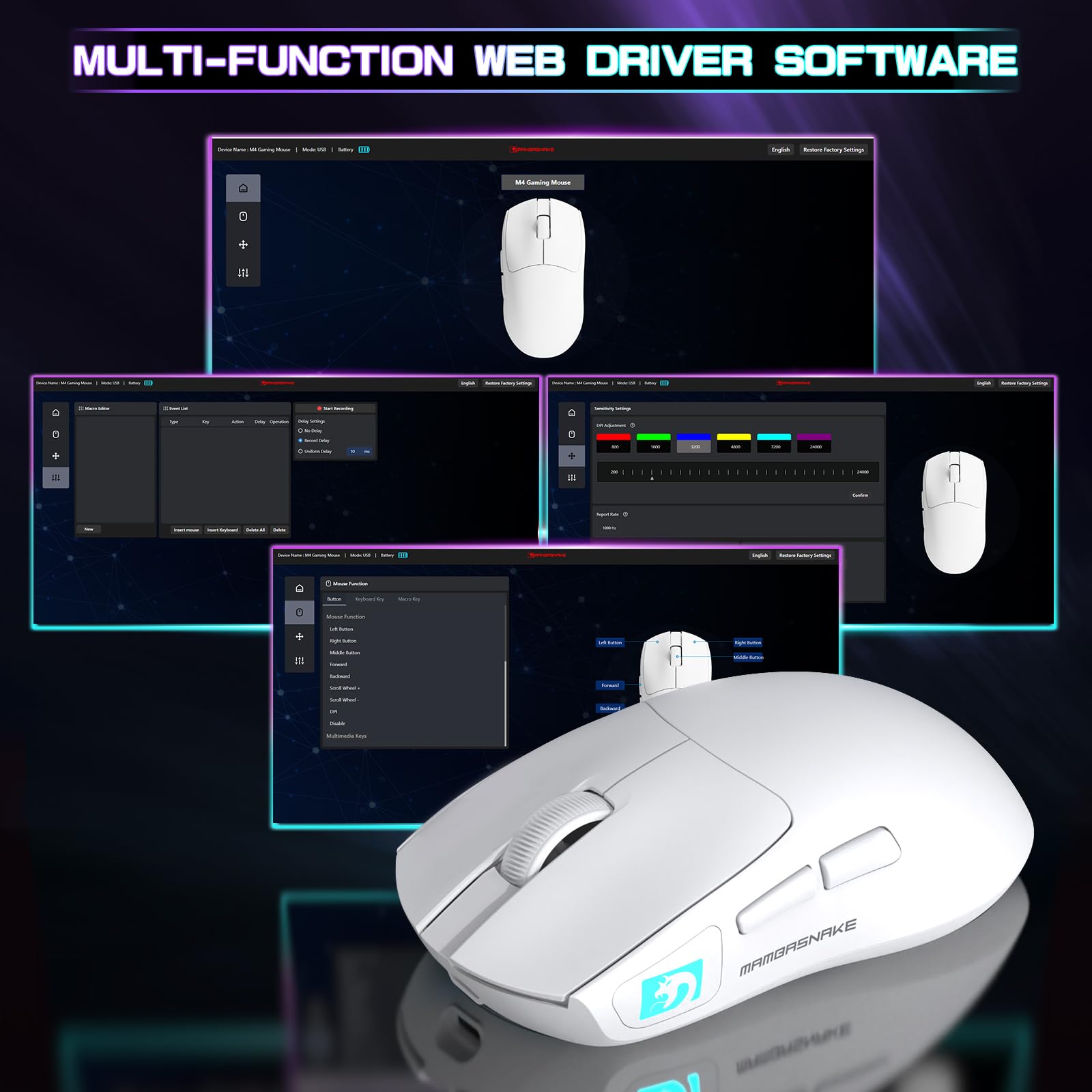 Mouse Gaming MAMBASNAKE M4 Wireless 53g, Sensore PAW3311 24000 DPI, Tripla Connessione, RGB, Batteria 400mAh, Bianco - copertina