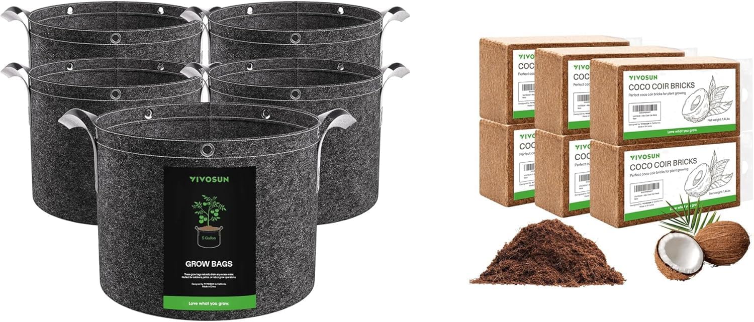 VIVOSUN 5-Pack 5 Gallon Grow Bags and Coco Coir Brick, 1.4lbs 100% Natural Organic Compressed Coconut Coir Fiber with Low EC, PH Balance & High Nutrition, Coconut Fiber Substrate