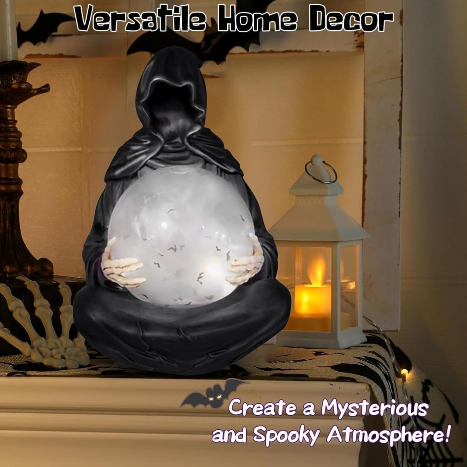Statua Ponurego Żniwiarza z Latającymi Nietoperzami Kryształowa Kula Nowy Halloween LED Light Ponury Żniwiarz Świecące Kryształowe Kule, Figurka Śmierci Boga Halloween, Tajemnicza Figurka Nietoperza