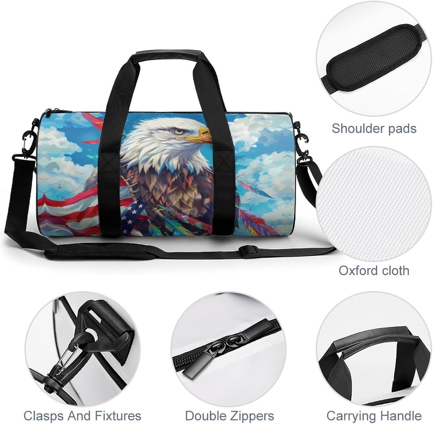U.S.A Flag Eagle Gym Sport Bag Travel Duffle Backpack Weekender Overnight with Shoes Compartment for Women Men