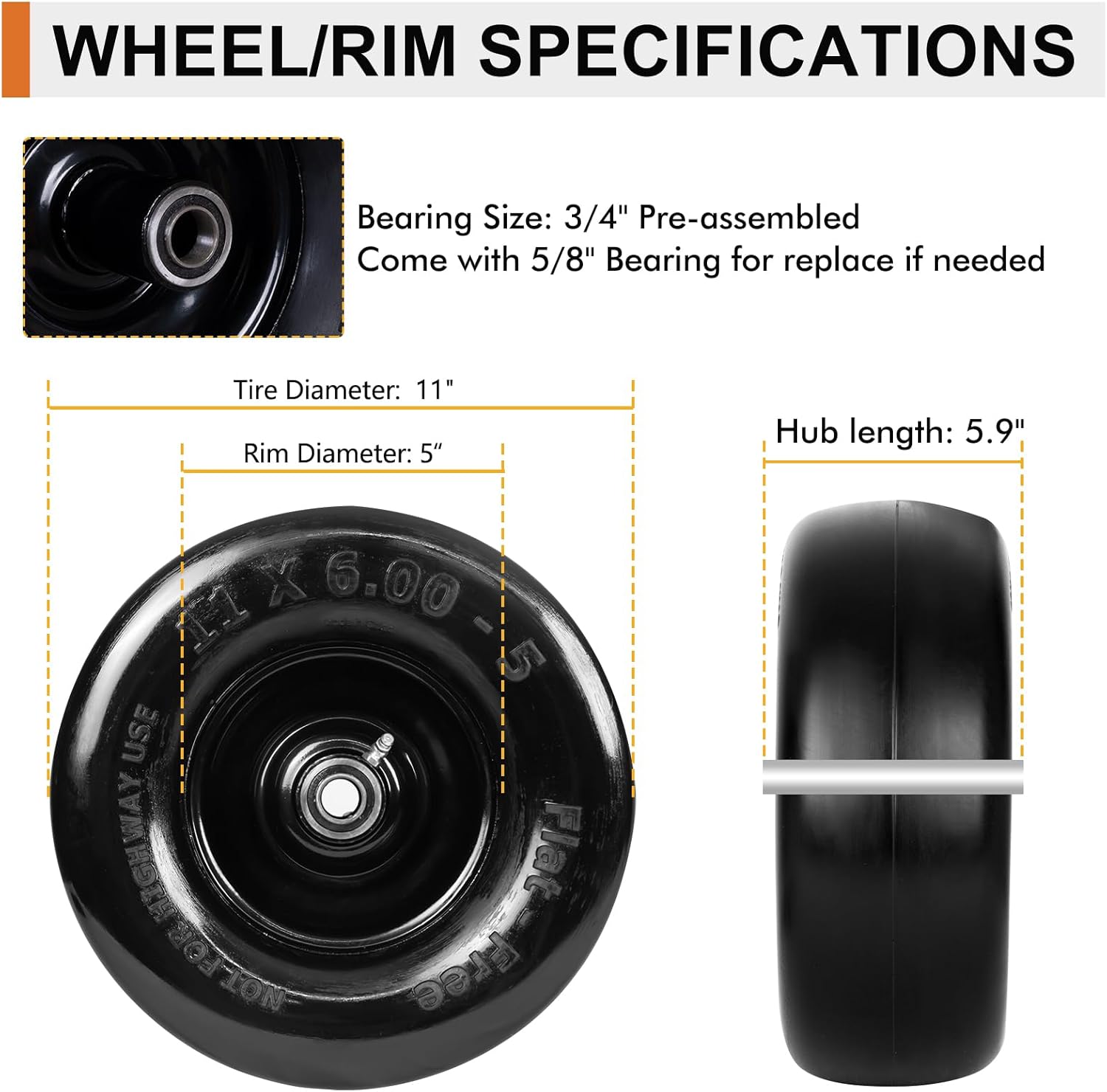 2 Pack 11x6.00-5 Flat Free Lawn Mower Tires & Wheel Assembly, Universal Fit, 5.9"-8.1" Centered Hub, 5/8" & 3/4" Bearings, Turf Tires for Lawn Mowers & Tractors