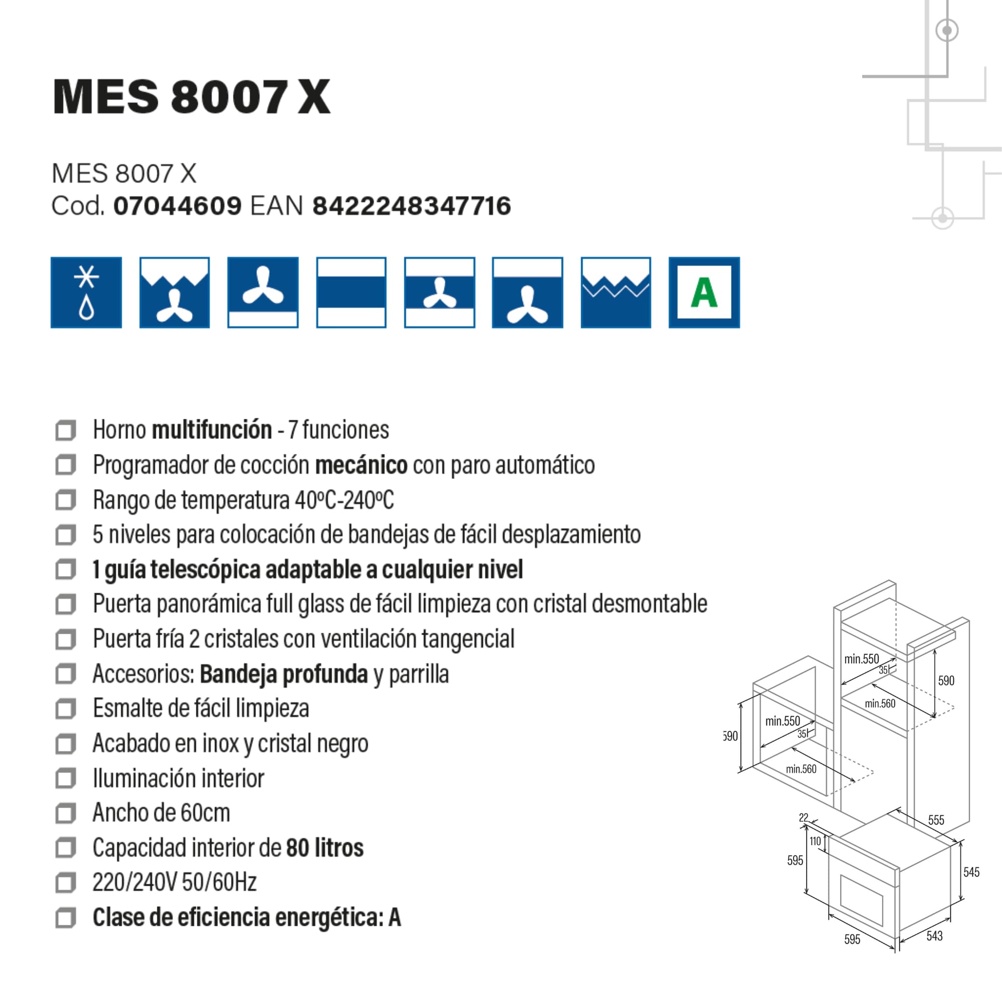 Cata Horno Multifunción MES 8007 X con 7 Funciones. Puerta Panorámica Full Glass. Iluminación Interior. Ancho de 60 cm. Capacidad 80 L. Acabado en Inox y Cristal Negro.