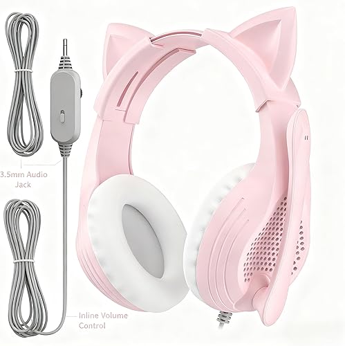 Miniatura 9 de GIME Pink Gaming Headset - Cute Cat Ears Wired Over Ear Headphones with Mic - Compatible with Xbox/PS4/ PS5/ PC Computer/Laptop/Phone
