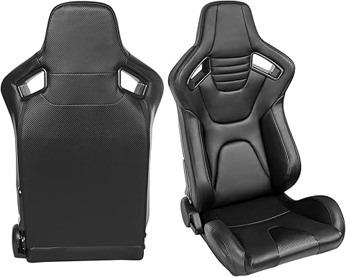 Miniatura 2 de IKON MOTORSPORTS, Asientos universales de carreras con deslizadores dobles, reclinables negros con puntada negra de poliuretano y cuero de carbono,