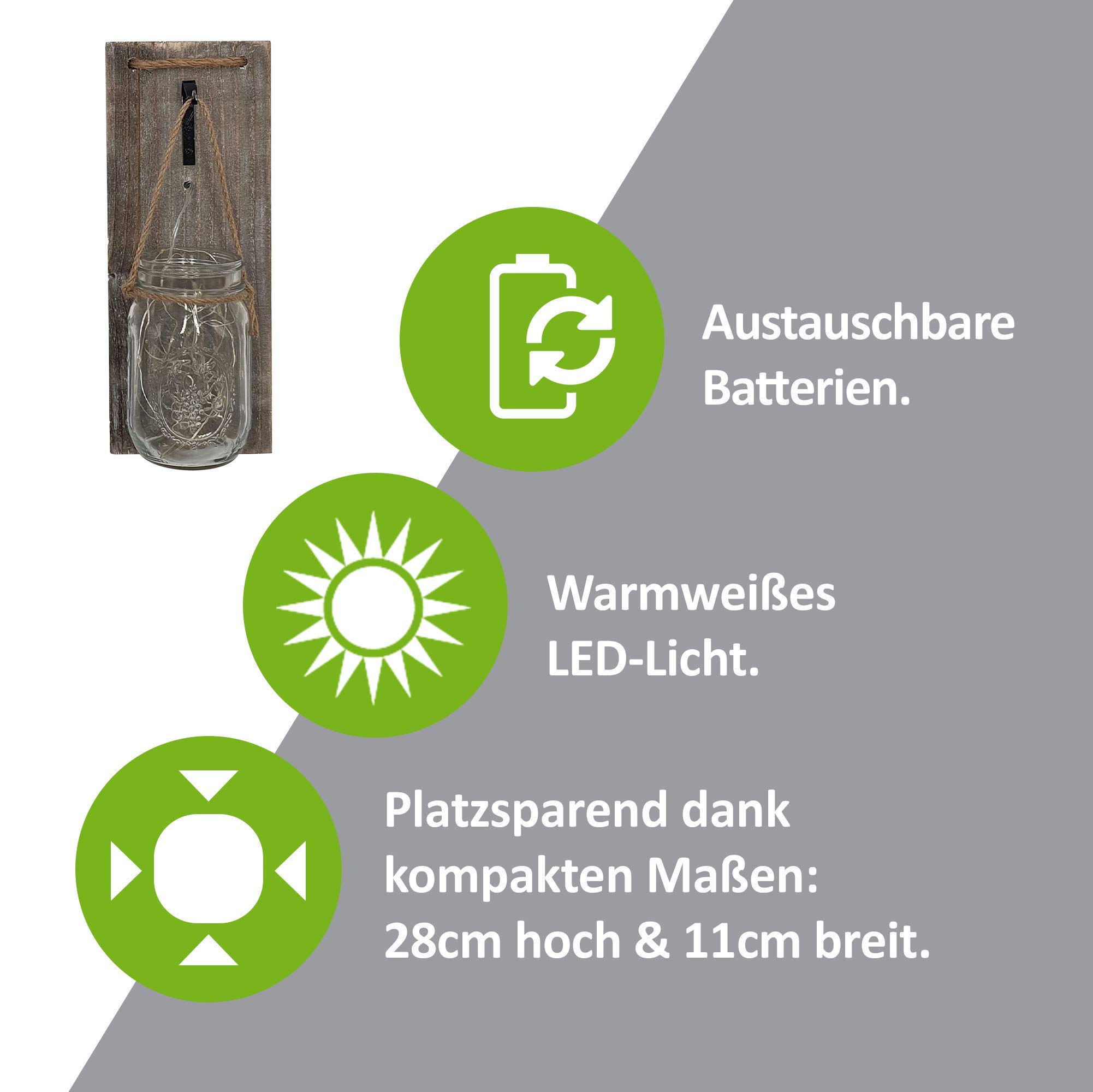 ISOTRONIC LED Dekoglas Wandleuchte 6er Set – Mason Jar Wanddeko mit Lichterkette & Holzbrett – Rustikale Wanddekoration im Landhausstil – Batteriebetriebene Hängeleuchte – DIY Einmachglas zum Befüllen