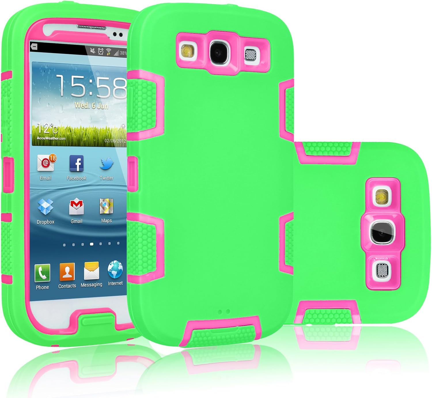Tekcoo Galaxy S3 Case, [Troyal Series] [Green/Pink] Hybrid Shock Absorbing Shock Dust Dirt Proof Defender Rugged Full Body Hard Case Cover Shell for Samsung Galaxy S3 S III I9300 All Carriers