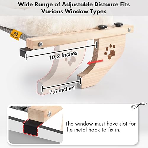 Miniatura 5 de AMOSIJOY Asiento de hamaca resistente para gatos con funda de cama acolchada, marco de madera y metal para gatos grandes, fácil de ajustar alféizar