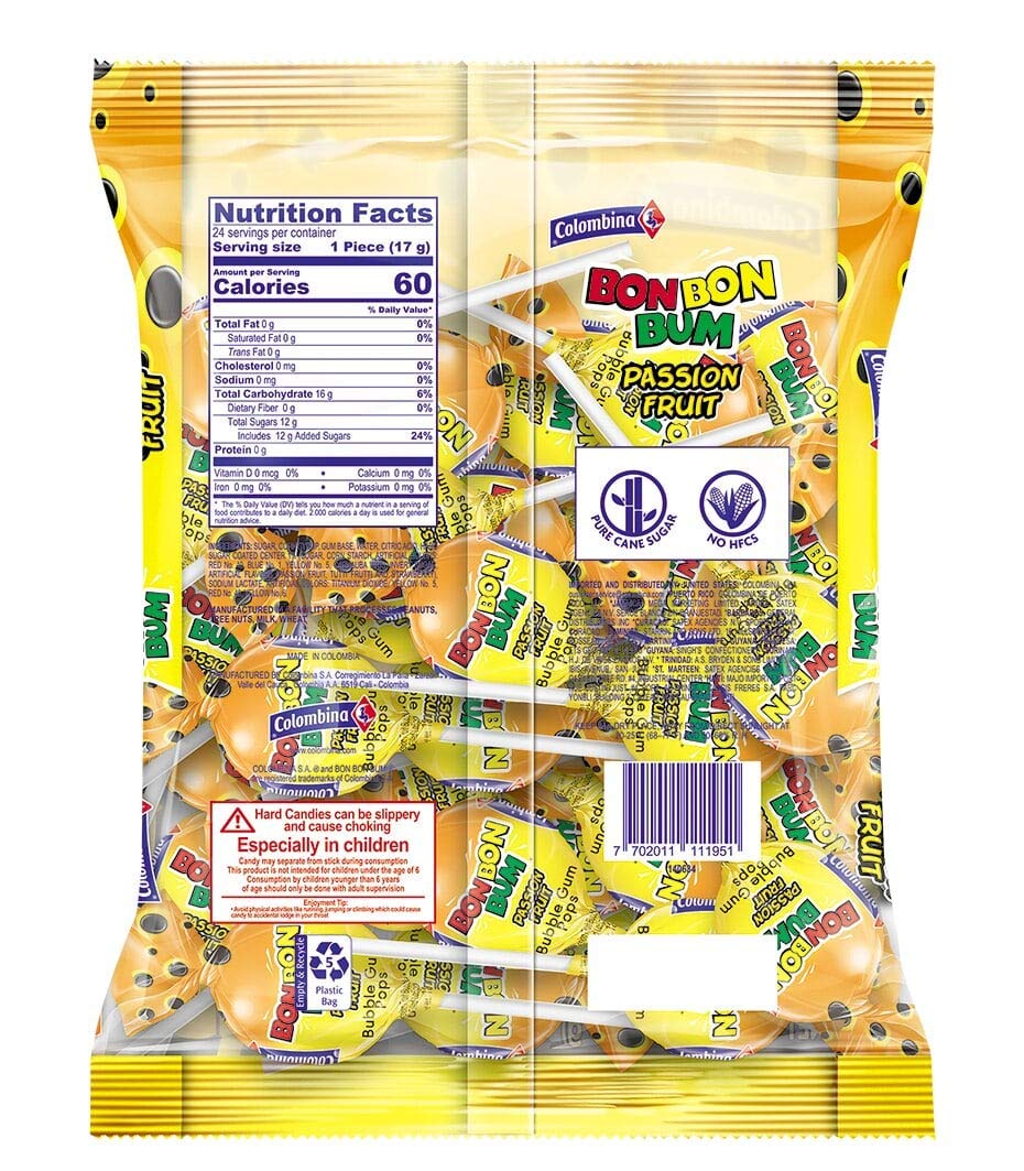 Buy Colombina Bon Bon Bum Passion Fruit / Maracuya flavored Lollipops, Bubble Gum Filled
