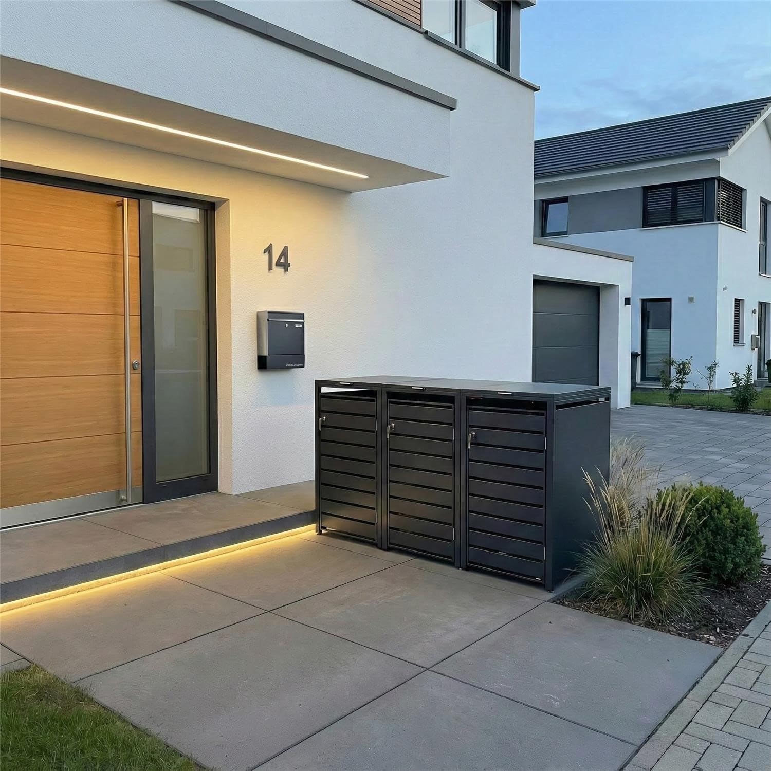 Metzler Mülltonnenbox in Anthrazit mit Sichtstreifen 3er 240L, Mülltonnenverkleidung 3 Tonnen, witterungsbeständiger und pulverbeschichteter Stahl mit Automatikdeckel, abschließbar, Garten- & Müllbox