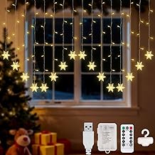 Lypumso Christmas Curtain Lights, 2 x 1 m 104 LED Snowflakes Christmas Lights 8 Modes with Hook, String Lights Battery/USB IP44, Christmas Decoration Indoor Outdoor, Window, Balcony, Party