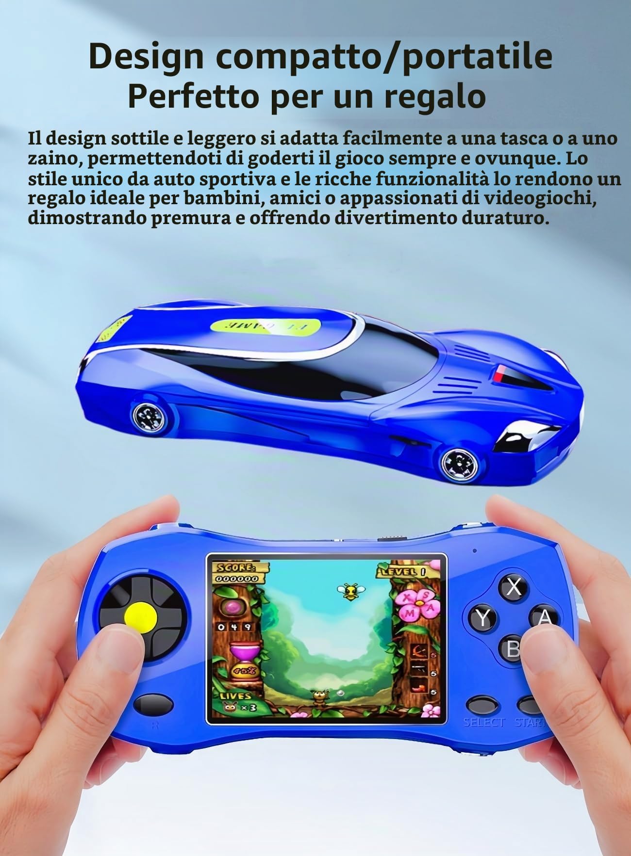 JXD 3.0" HD Videogioco Portatile per Bambini Design di Auto Sportiva 250 Giochi a 64 bit Preinstallati Collegabile alla TV Giocattoli Puzzle Retrò Portatili per Bambini Scelta