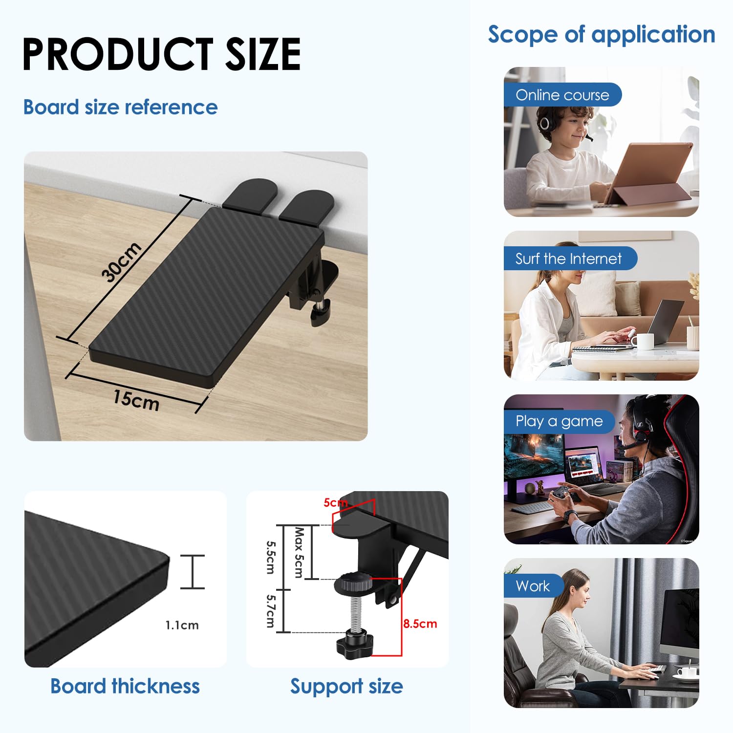 Bandeja de Expansión de Escritorio, Soporte de Teclado de Escritorio Ergonómico, Soporte de Brazo de Ratón Robusto, Adecuado para el Hogar y la Oficina, Sin Pinzas Perforadas (30 * 15cm)