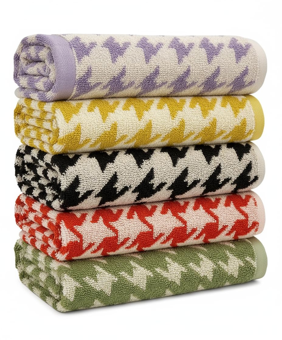 Paquete de 5 toallas de mano, 100 % algodón, patrón de pata de gallo, suaves y absorbentes, para baño, cocina, gimnasio y spa, 13 x 29 pulgadas (negro, verde, amarillo, rojo, morado)