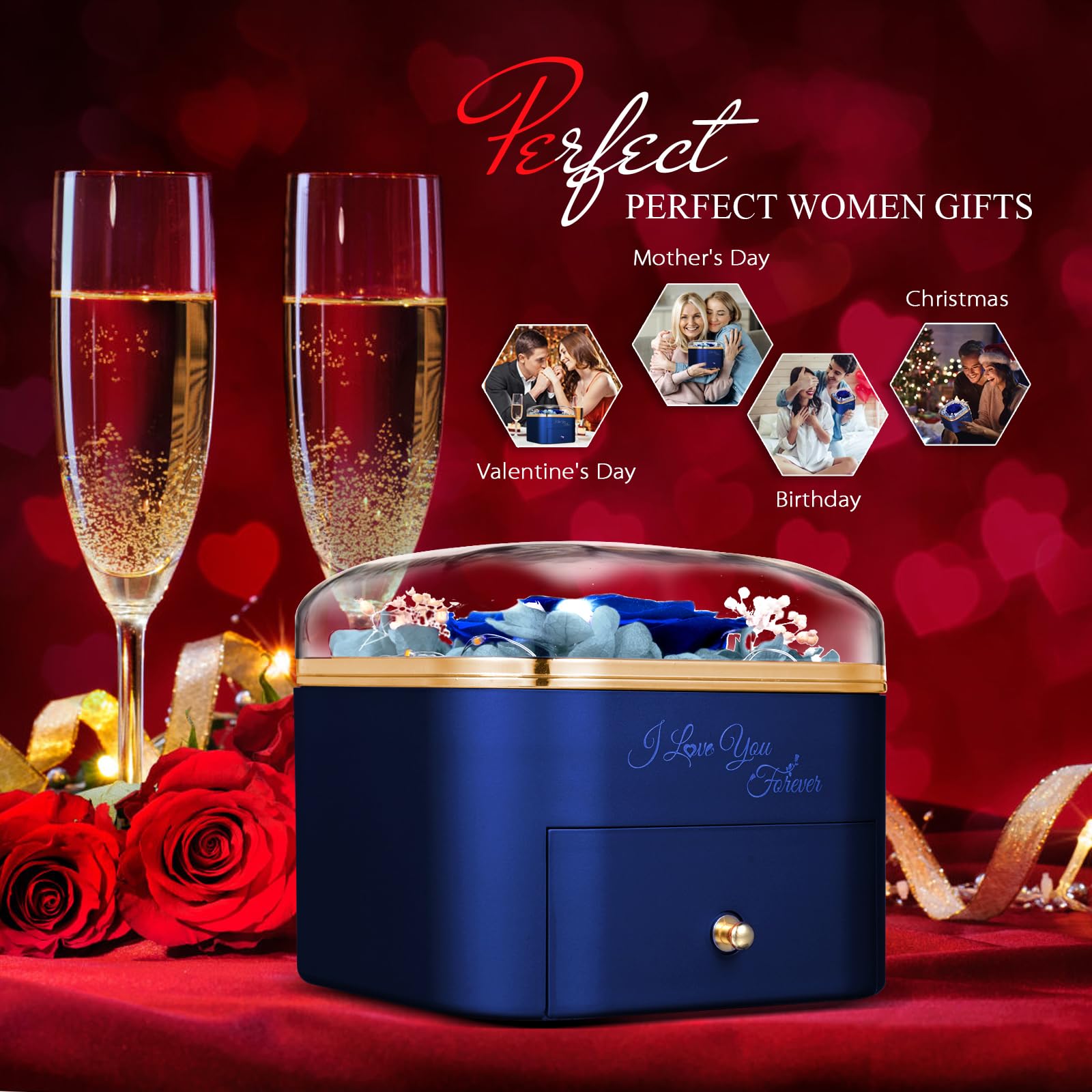 GOICC Eeuwige roos, cadeau-ideeën voor dames, moeder, echtgenote, geconserveerde eeuwige roos met halsketting, cadeau voor haar, voor Valentijnsdag, Moederdag, Kerstmis, jubileum (rood