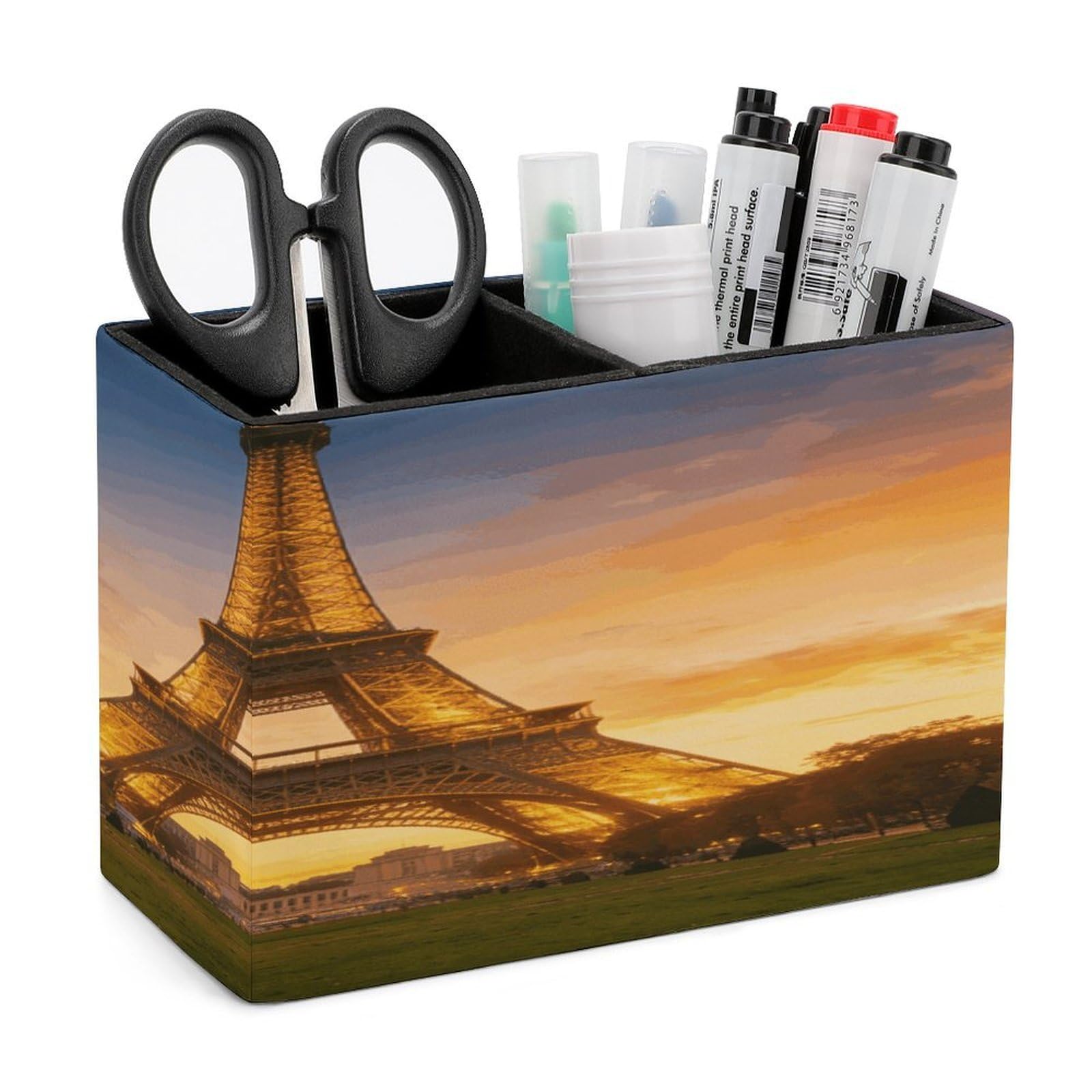 LZQPOEAS Eiffel Tower Pen Holder Double Compartments Pen Cup Makeup Brush Holders Leather Pencil Holder Locker Organizer for Work Locker Accessories Modern Pencil Cup for Desk