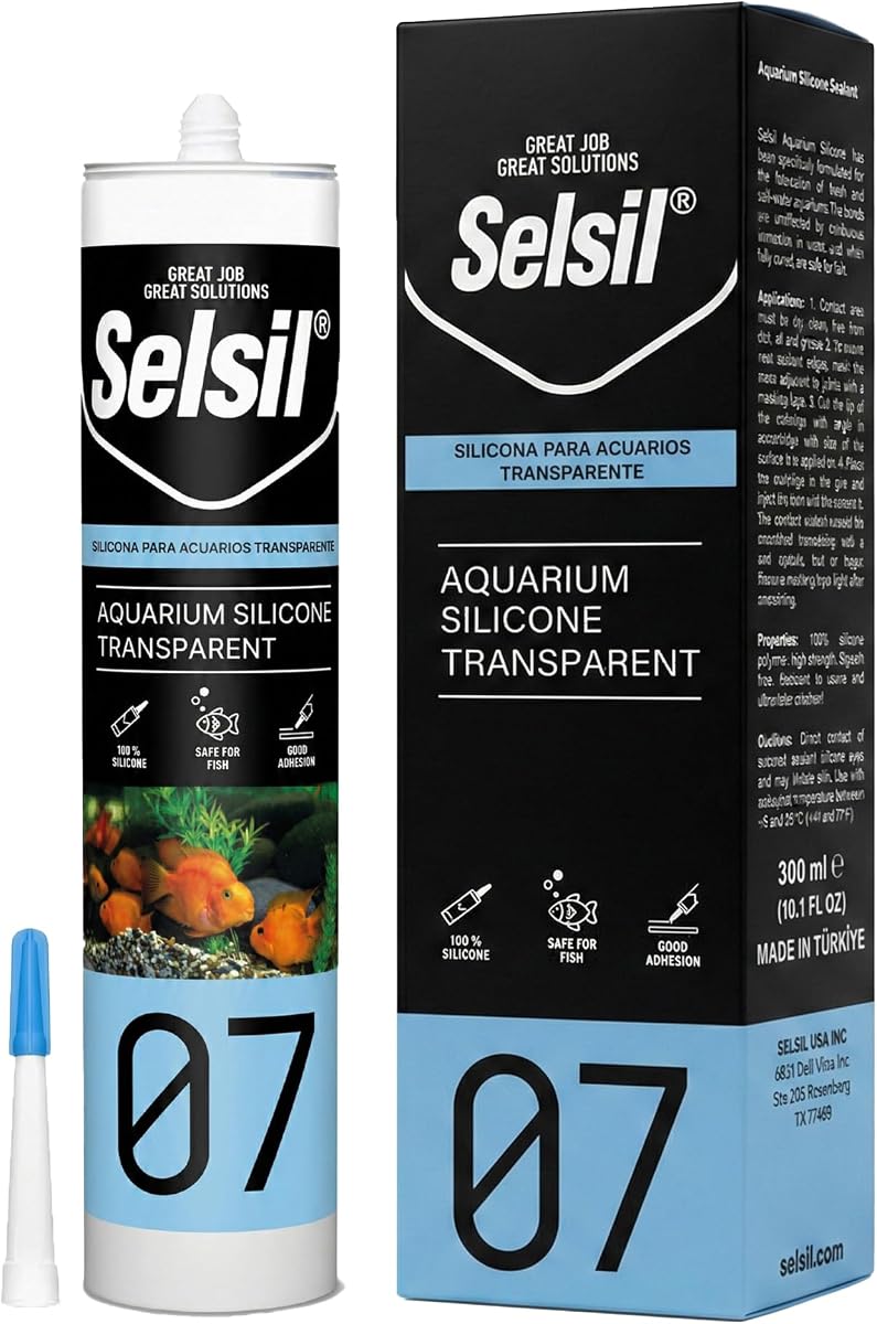 SELSIL Sellador transparente de silicona para acuario - Alta elasticidad, seguro para peces, sin disolventes, resistente al ozono, transparente 10.14 Fl Oz, 1 paquete