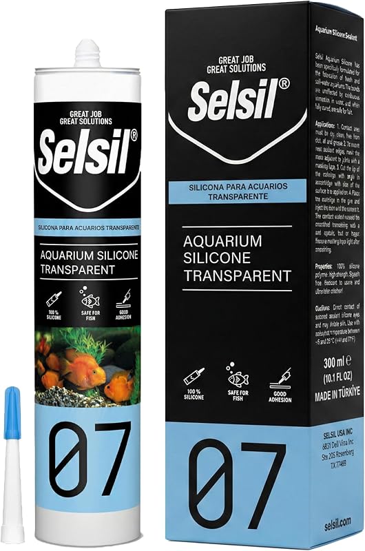 SELSIL Sellador transparente de silicona para acuario - Alta elasticidad, seguro para peces, sin disolventes, resistente al ozono, transparente 10.14 Fl Oz, 1 paquete