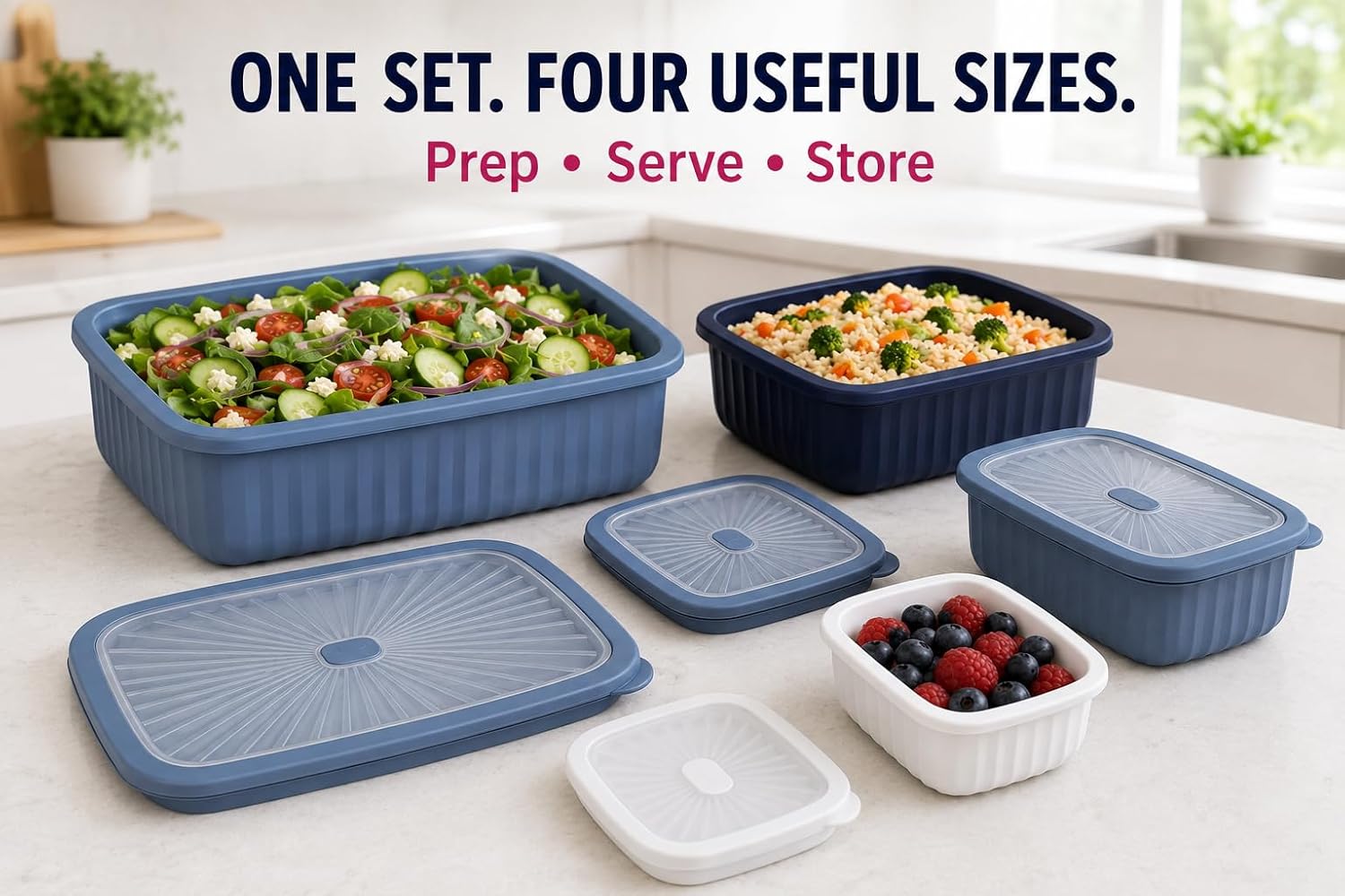 Set of 4 BPA Free Food Storage Containers with Vented Lids Assorted Sizes, Microwave & Freezer Safe, Leftovers, Meal Prep, Fridge Organization Dry Grains Storage (Blue)