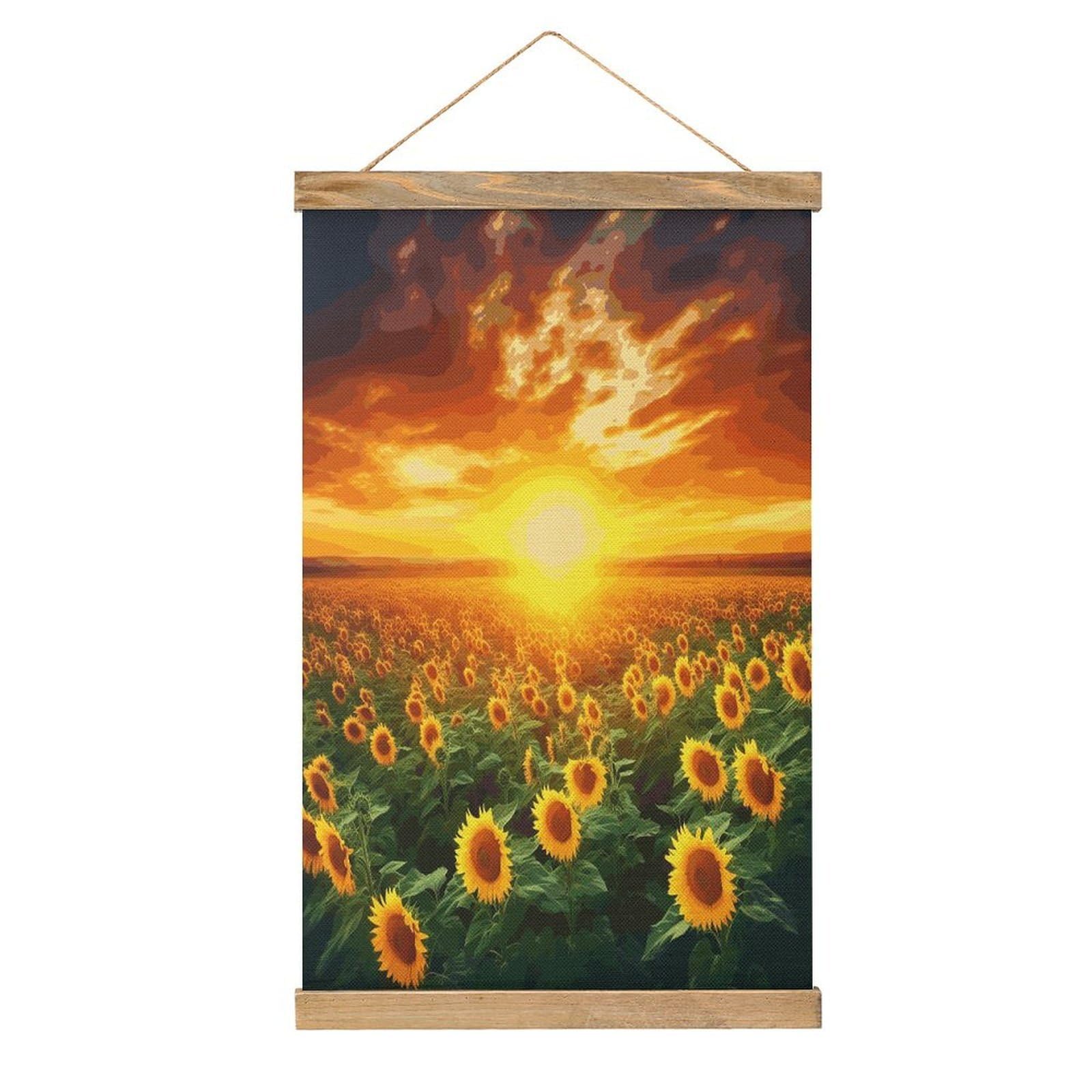 JTREHY Dreamlike Sunset Of A Sunflower Field Linen Hanging Painting Vintage Poster Wall Art Prints Personality Style Wall Hanging Poster for Living Room Office Bedroom Decor Frame 13.2 X 20.47 Inch