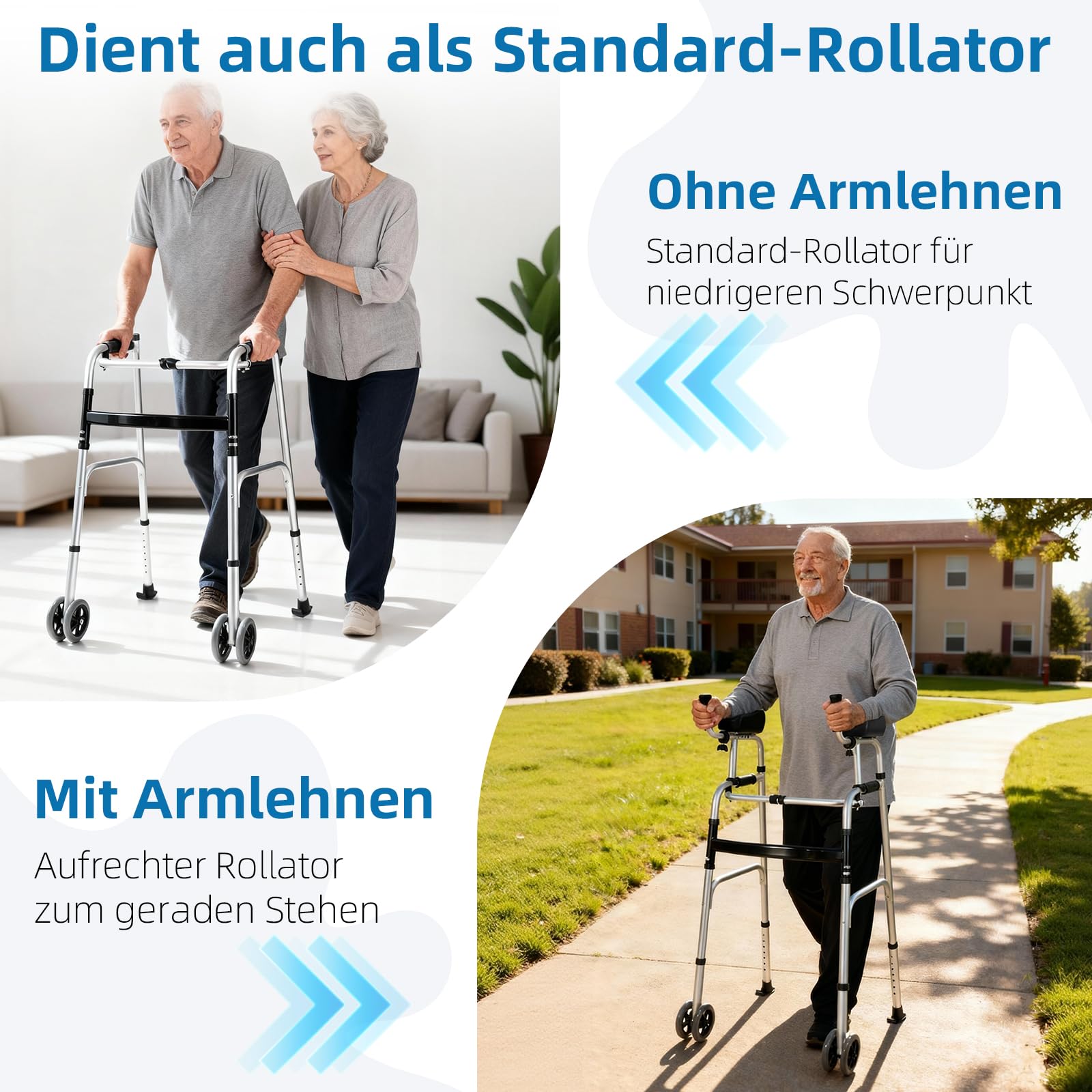 Höhenverstellbarer Gehwagen Gehhilfe für Senioren mit Armauflage - Aufrechter Rollator mit Doppelrollen, faltbar & leicht aus Aluminium,Gehhilfe mit Tasche, Height Adjustable Aluminum Walking Aids