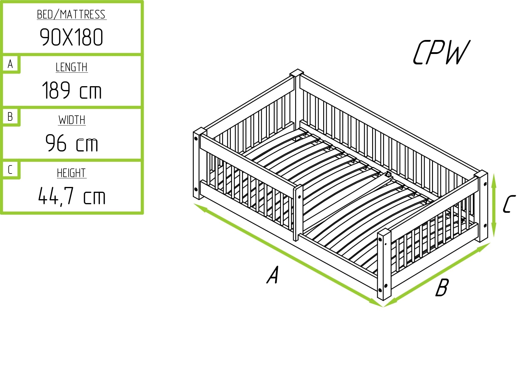 ADEKO Cama Infantil CPW 90x180 Cama Individual de Madera Muebles de Dormitorio Infantil, Cama con Somier de Láminas, Variaciones Varias