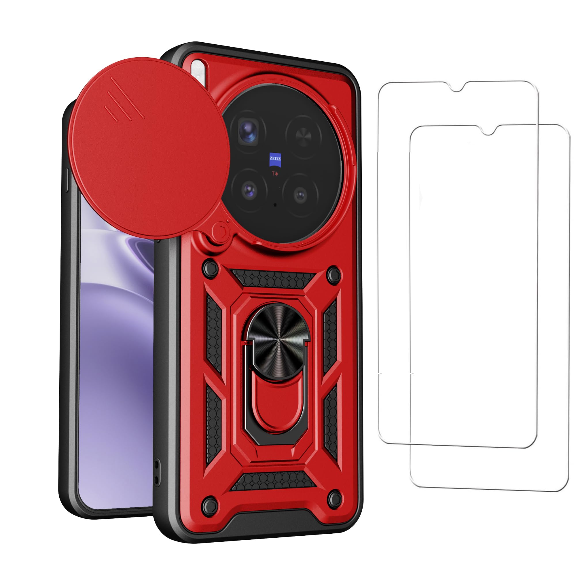 for Vivo X300 Pro Case with 2 Pcs Tempered Glass Screen Protector & Camera Lens Cover, 360° Rotated Ring Magnetic Kickstand Shockproof Cover for Vivo X300 Pro (Red)