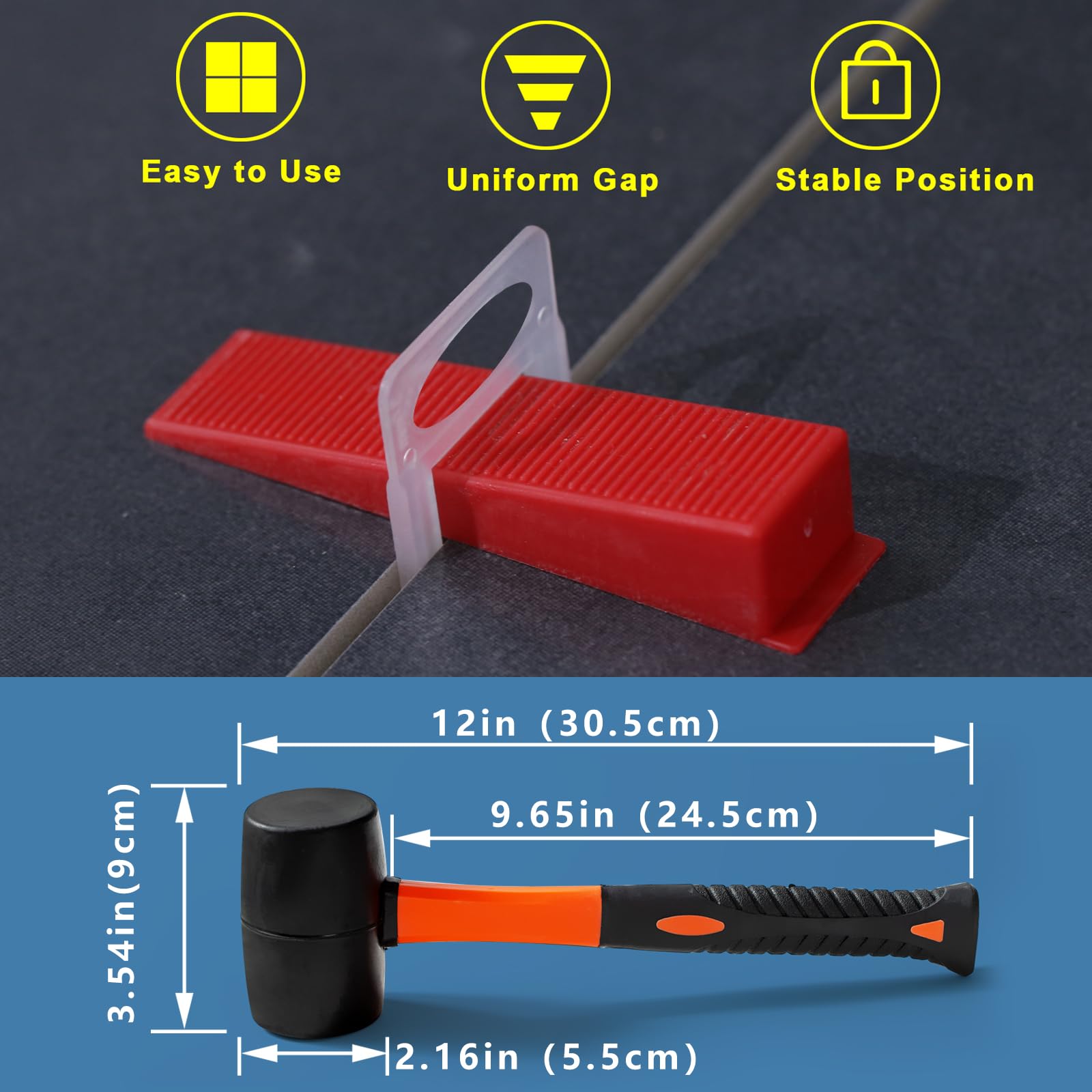 Sistema di livellamento per piastrelle, distanziatori da 1/16", clip livellatrici per piastrelle fai da te, 4000 pezzi e strumenti in gomma indurita martello martello 453,6 g per installazione
