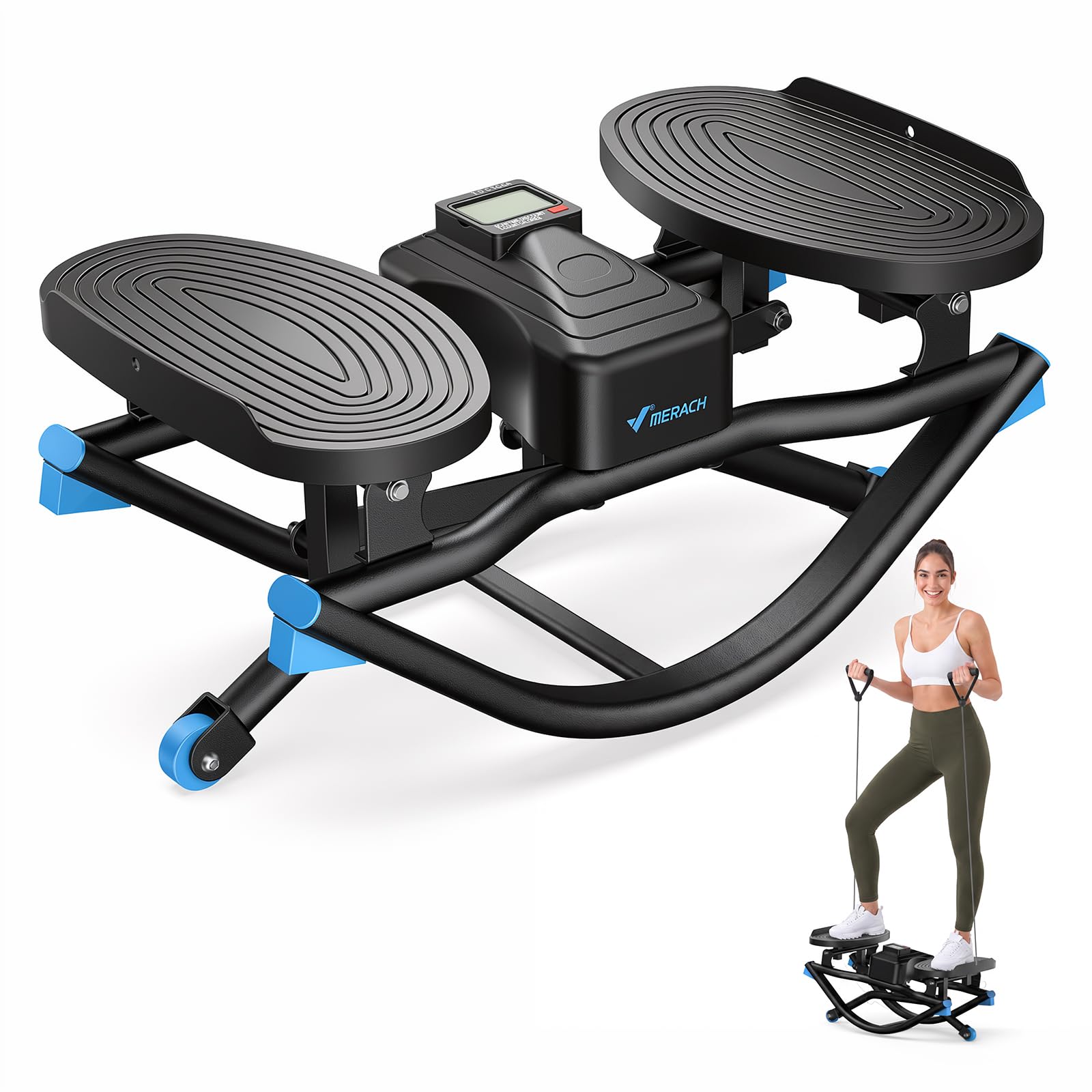 merach rocking steppers for exercise at home, 3d motion stair stepper | balance board with resistance bands for full body workout& low-impact cardio, 330 lbs loading capacity exercise equipment