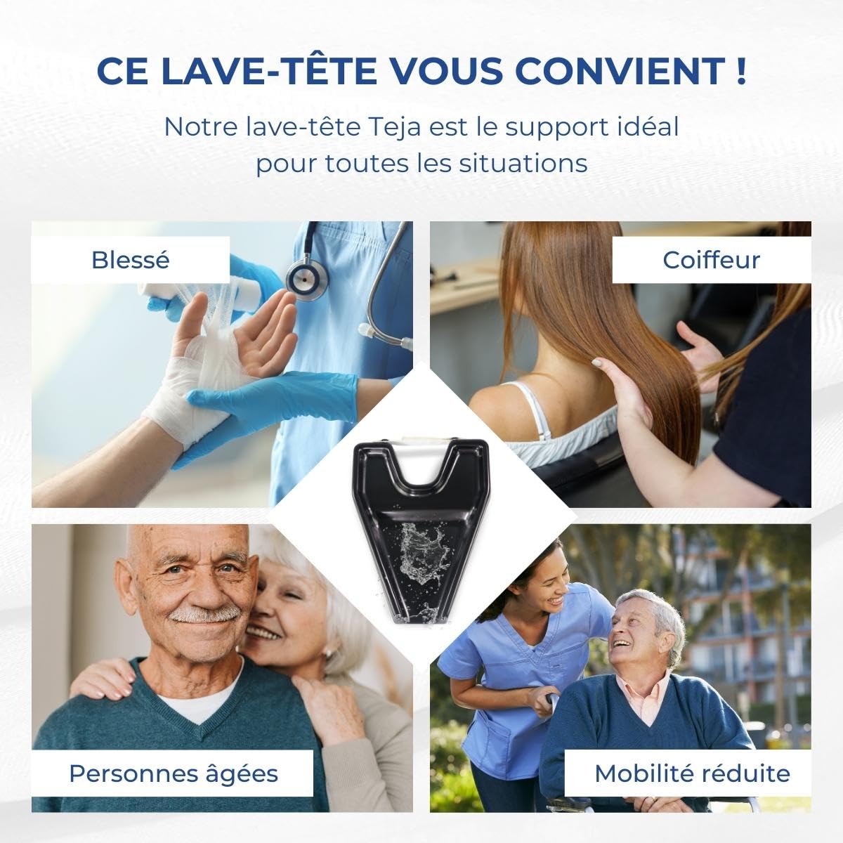 Mobiclinic®, Lave-Tête Portable, Poignée de Cou avec Velcro, Facile à Transporter, 44 x 32, 5cm, Lave-Tête de Salon, Aides au Lavage des Cheveux, Salon de Coiffure, Lave-Tête en Plastique, Noir