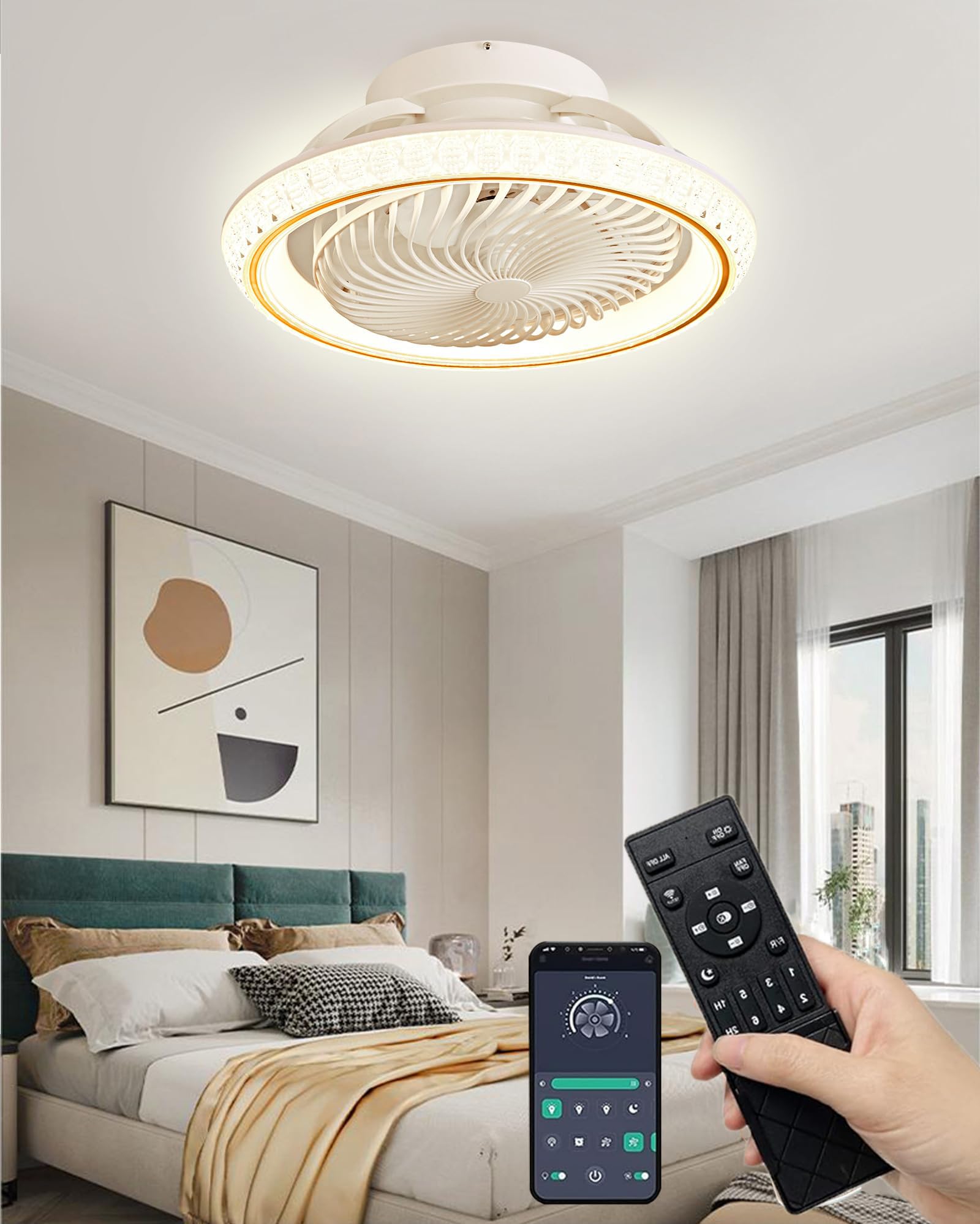 LED Deckenleuchte mit Ventilator, 72W Dimmbar Timer, Fernbedienung, 360° Drehung, Gold 49cm