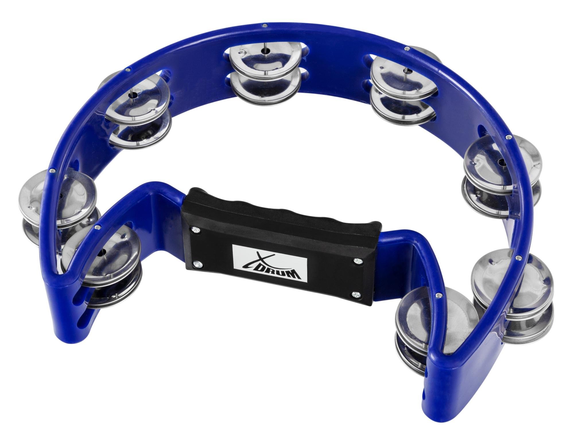 XDrum TM-1 Pandereta De Mano Azul, Marco y mango de plástico, Color: Azul | Mango ergonómico, Diseño de media luna, doble fila, 16 pares de cascabeles de acero cromado, ¡Pandereta con jingles de acero