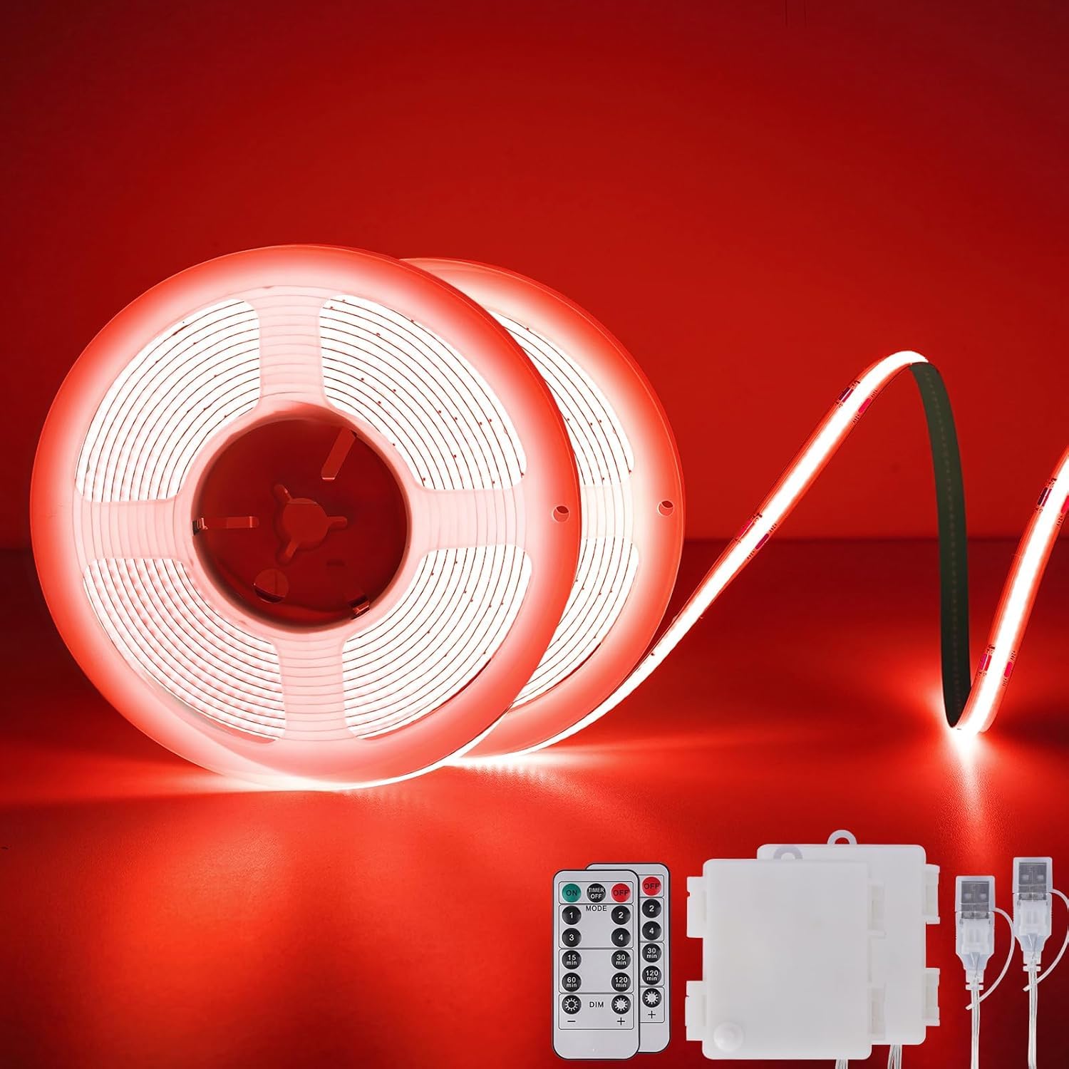 StarryEver COB LED-Streifenleuchten Batteriebetrieben Mit Fernbedienung, 2M 640 LED-Lichtleiste Dimmbares Schneidbares Flexibles LED-Bandlicht Für Fernseher, Computer, Autodekoration (Rot, 2er-Stück)