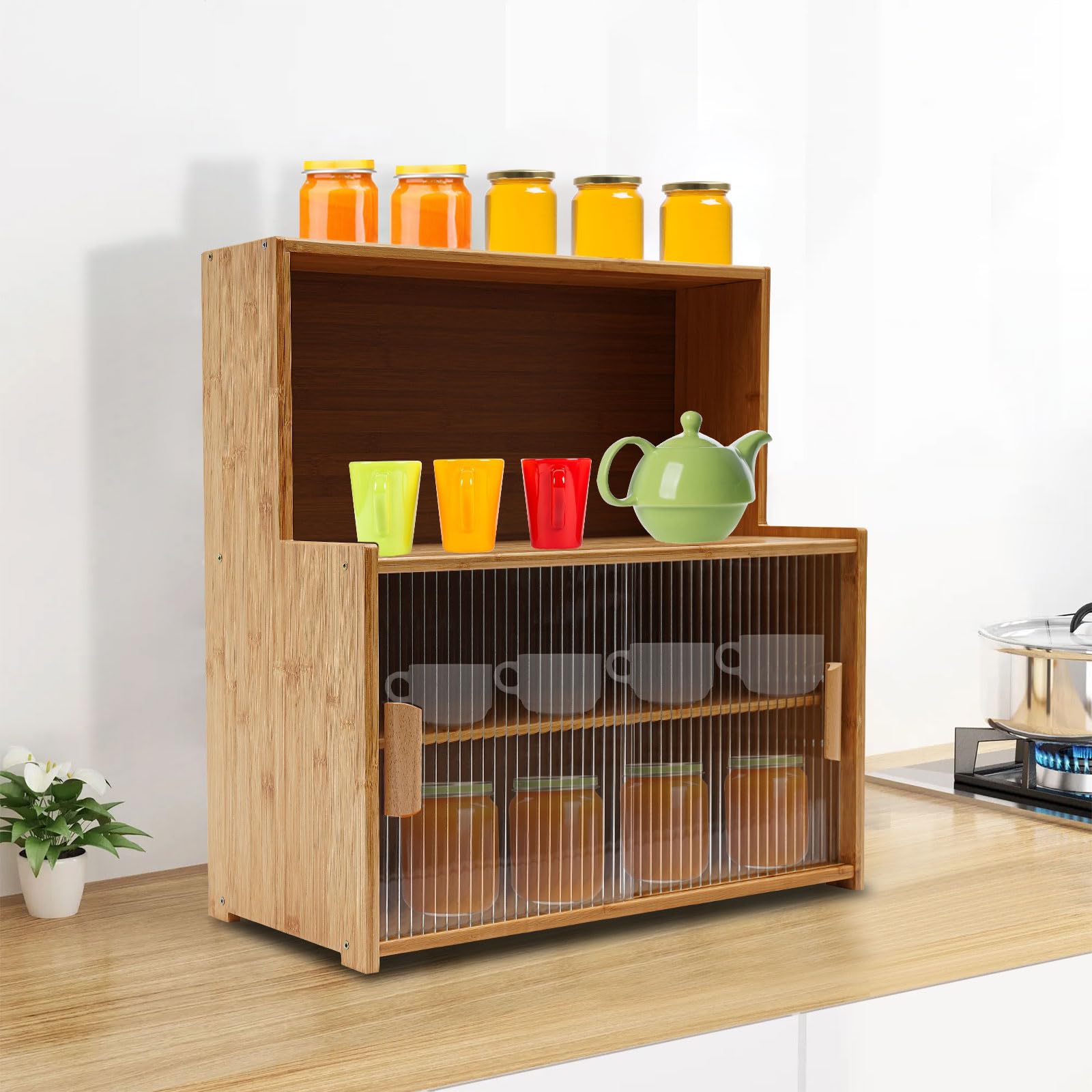 Petit buffet de cuisine en bambou pour plan de travail, armoire avec portes coulissantes, étagères réglables pour pots à épices et ustensiles de cuisine, tasses
