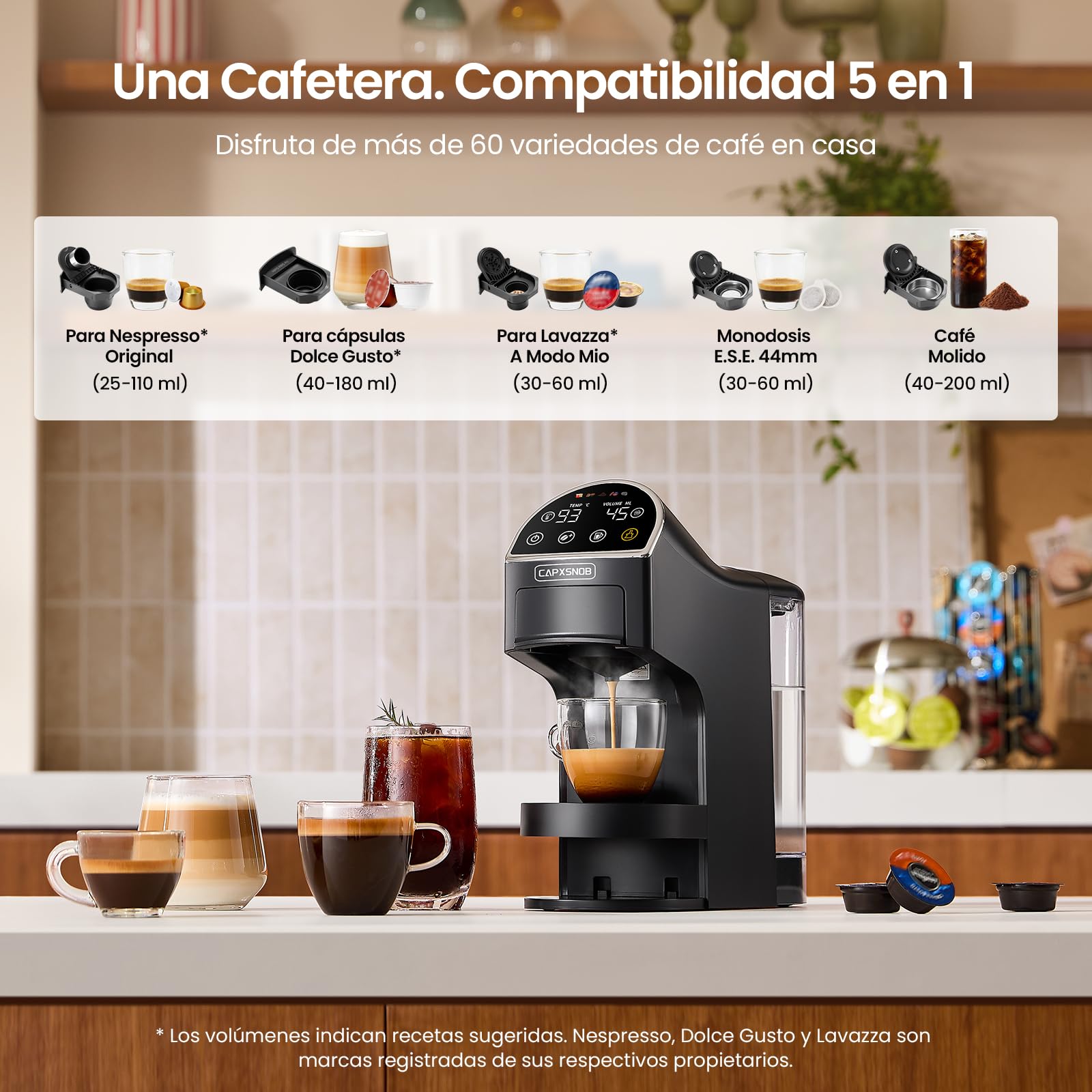 Magician2 Cafetera 5 en 1 para cápsulas Dolce Gusto, Nespresso, Lavazza A Modo Mio, ESE 44mm y Café Molido, Panel Táctil, Auto-Ajuste, Sin Palanca, 20Bar, Máquina Multicápsula Compacta Hogar y Oficina