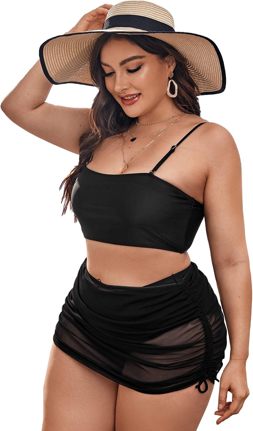 Romwe Women's Plus Size Cami Bikini Swimsuit Plain High Waist Bathing Suit with Cover Up