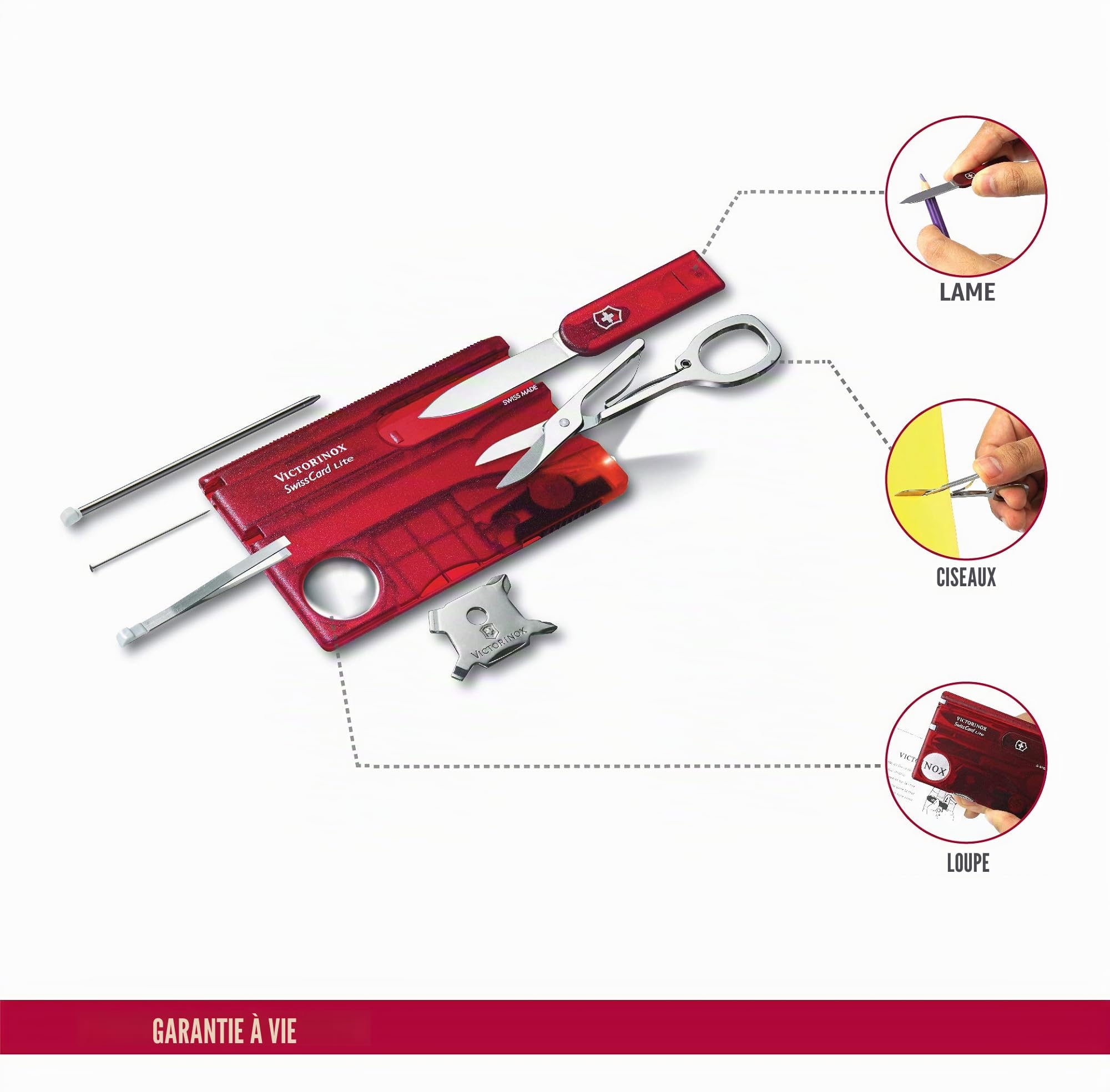 Victorinox Swiss Card Lite, Multitool de Poche Suisse, 13 Fonctions, Led, Loupe, Rouge Transparent & Aiguisoir Double pour Couteaux, Swiss Made, Portable, Noir/Rouge
