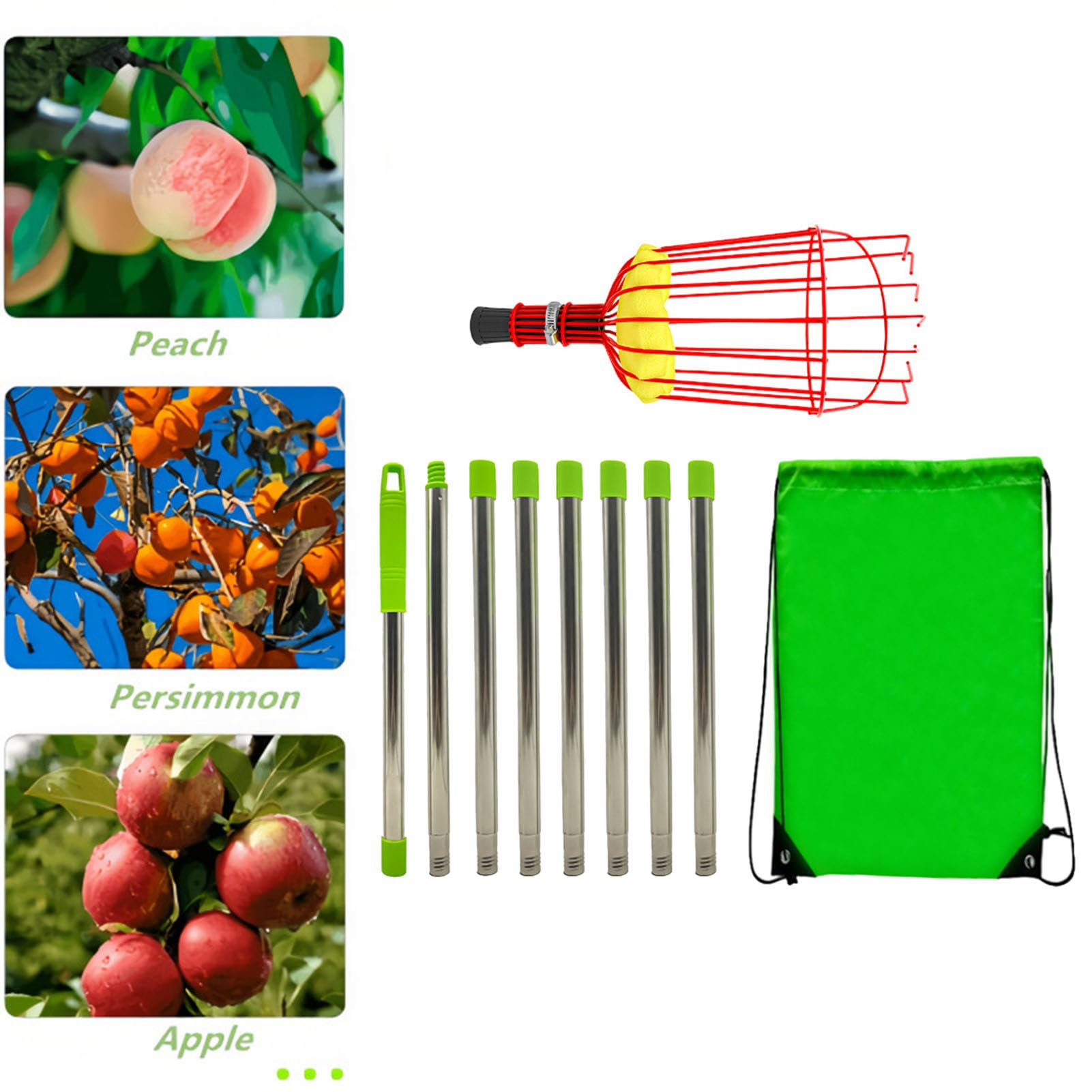 Poste recolector de frutas con cesta telescópica, herramienta de recolección de frutas ajustable, herramienta de poste telescópico recolector de naranjas para mango, pera, limón (Om / 10. Tenía miedo)