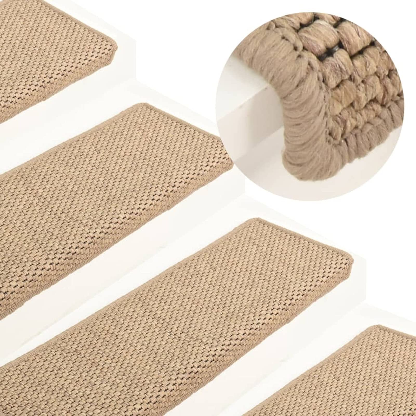 Carpet Stair Treads Stair Mats Self-adhesive Sisal-Look 15 pcs 65x21x4 cm Sand Non-Slip Washable Step Runners for Pets, Elders