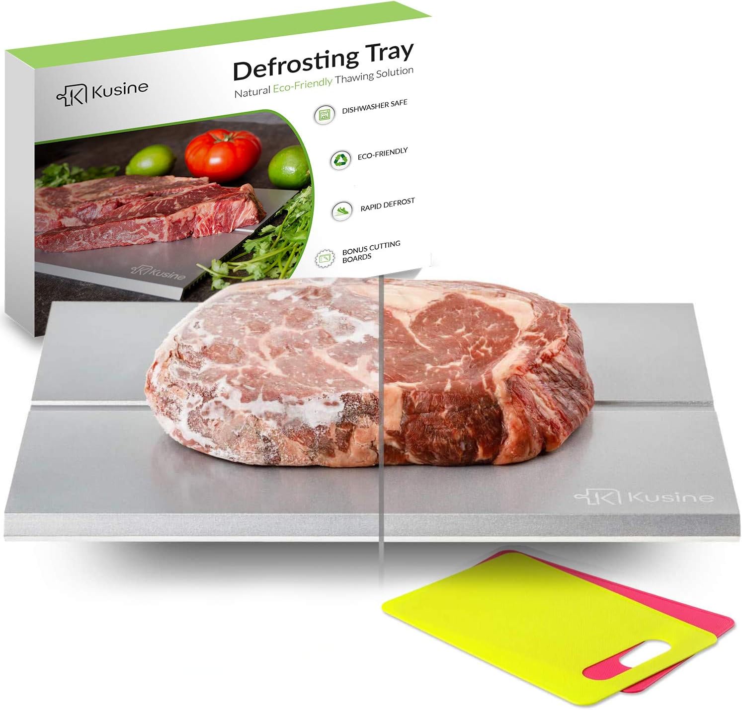 Defrost Tray and Thawing Plate | Fast defrosting Tray for Frozen Foods | Rapid Meat Thawing Tray Works Like Magic! | Kitchen Gadget with Two Bonus Cutting Boards