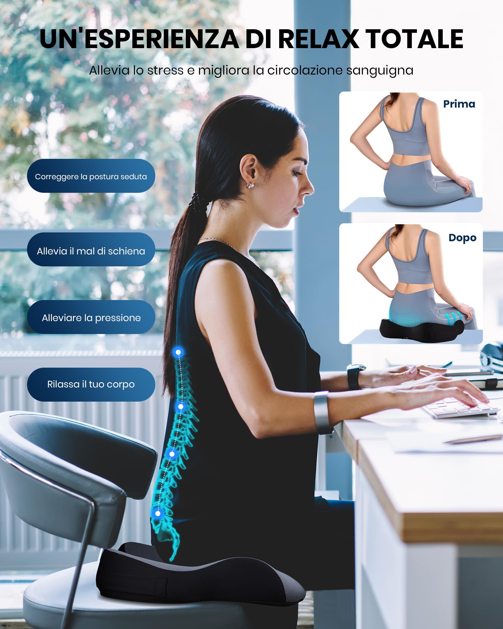 BALITTA Cuscino Ergonomico Sedia, Cuscino Sedia Ufficio, Cuscino Sedia Memory Foam per il Sollievo della lombalgia e Della Sciatica, Cuscino Coccige Ortopedico Cuscini Seduta per Auto